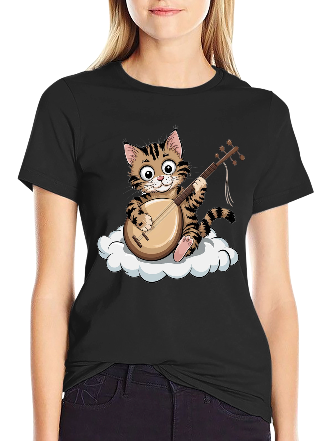 Cat Playing Balalaika on Cloud Graphic Tee
