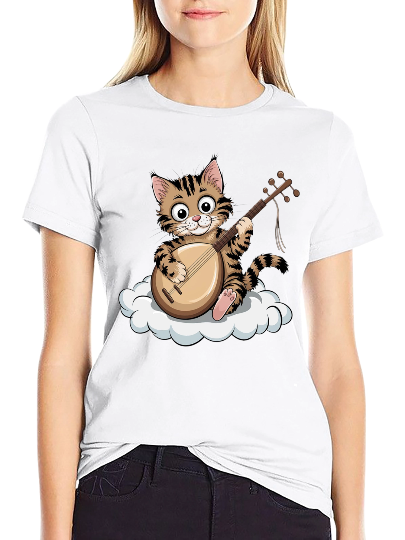 Cat Playing Balalaika on Cloud Graphic Tee