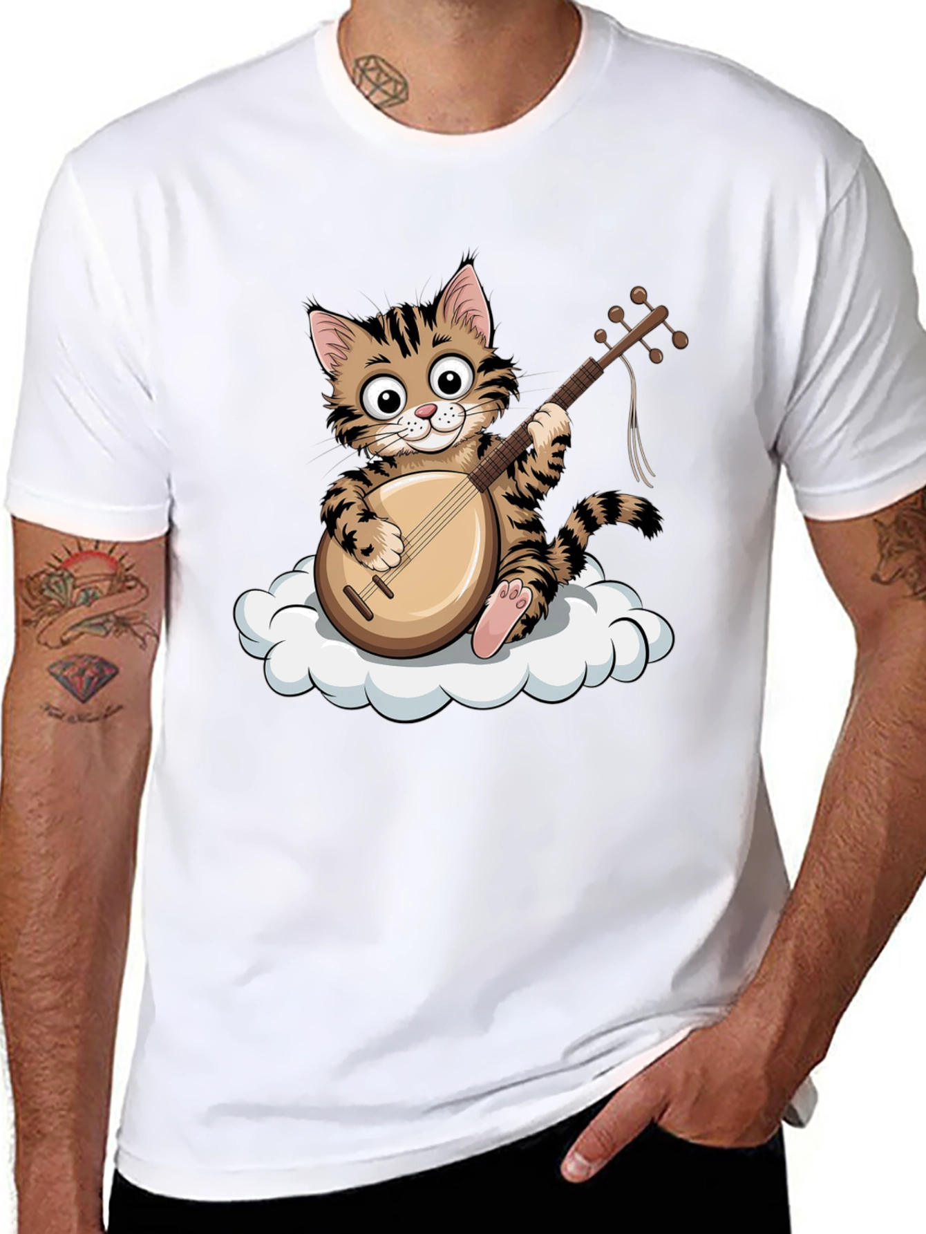 Cat Playing Balalaika on Cloud Graphic Tee