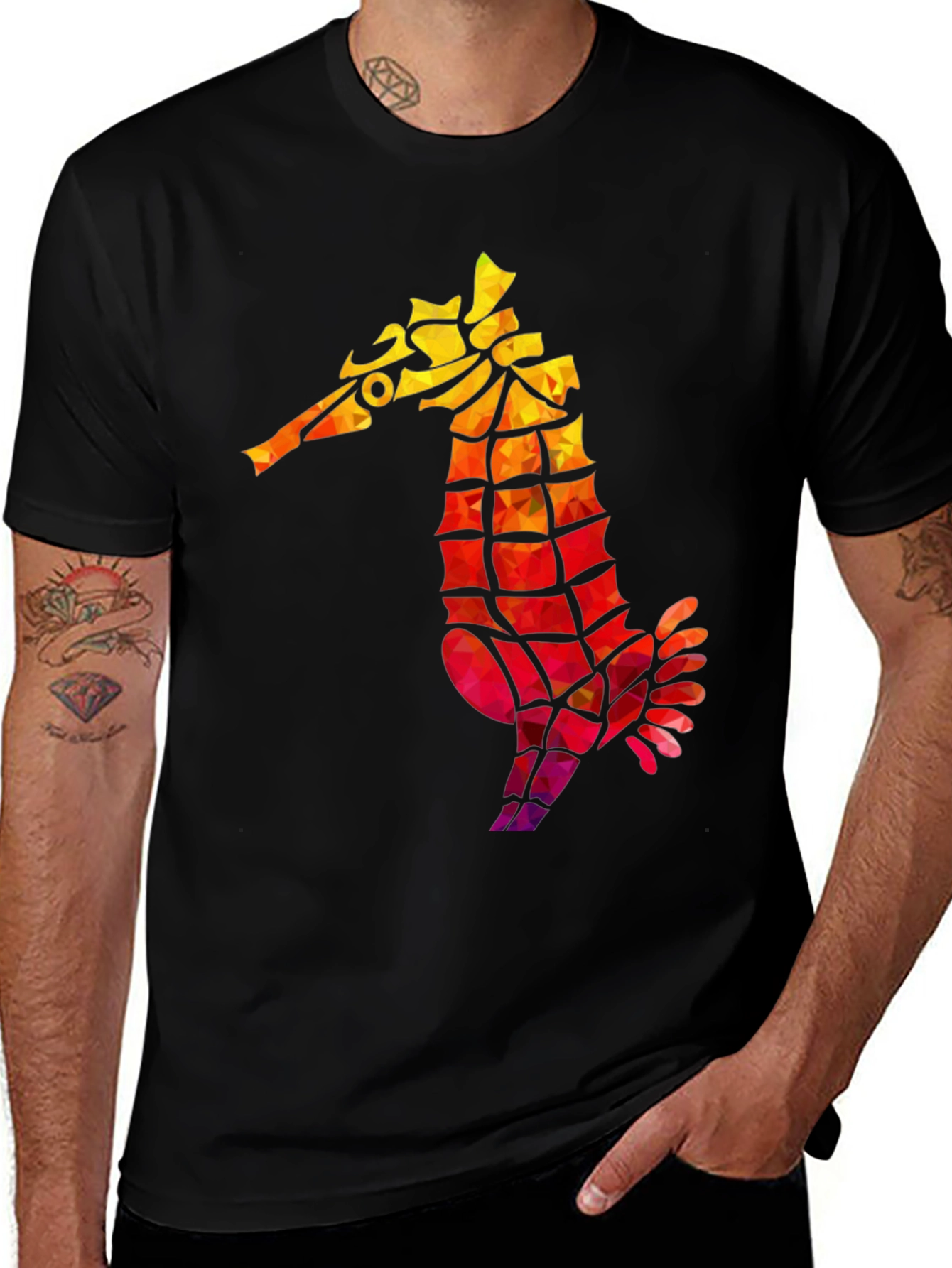Geometric Seahorse Graphic Tee - Black