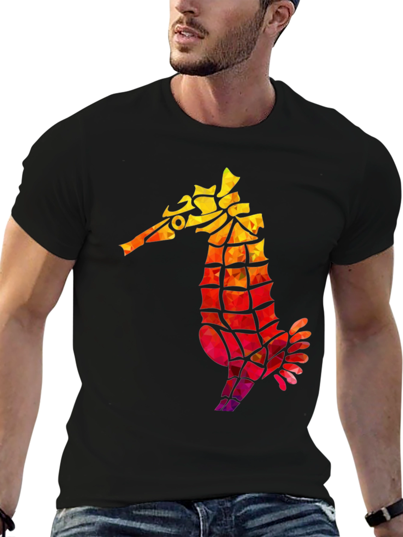 Geometric Seahorse Graphic Tee - Black