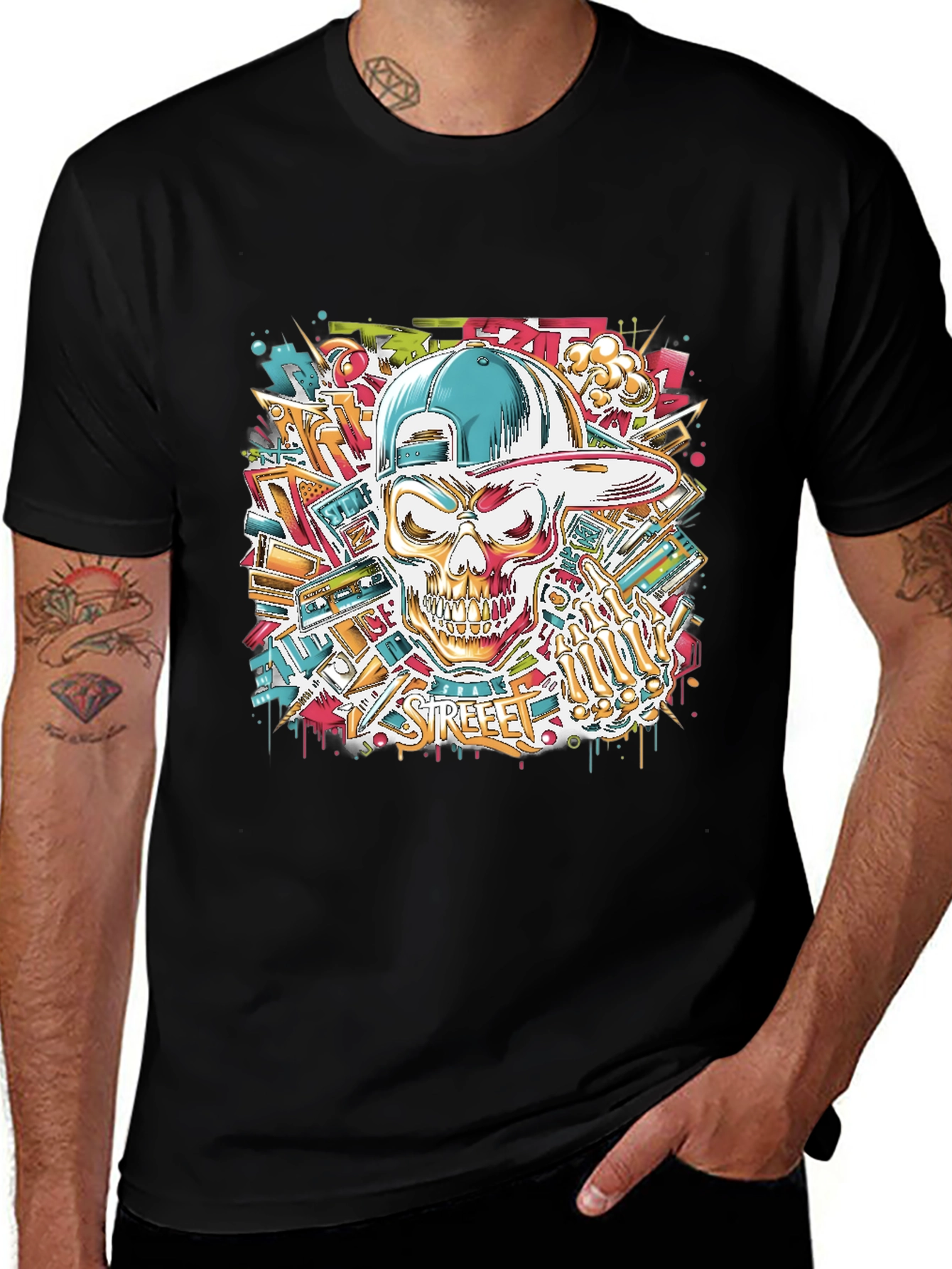 Streetwear Skull Graphic Tee - Black