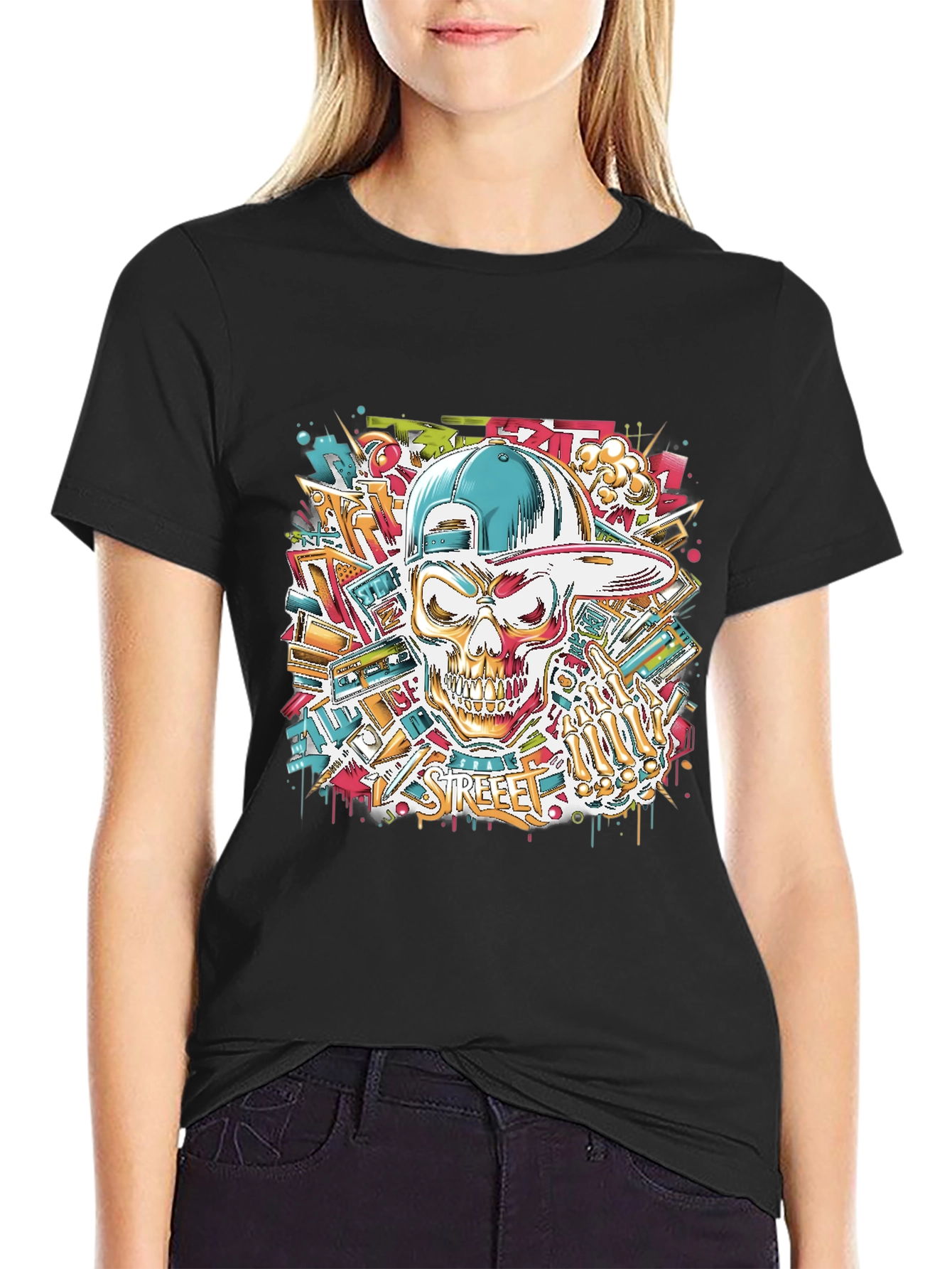 Streetwear Skull Graphic Tee - Black