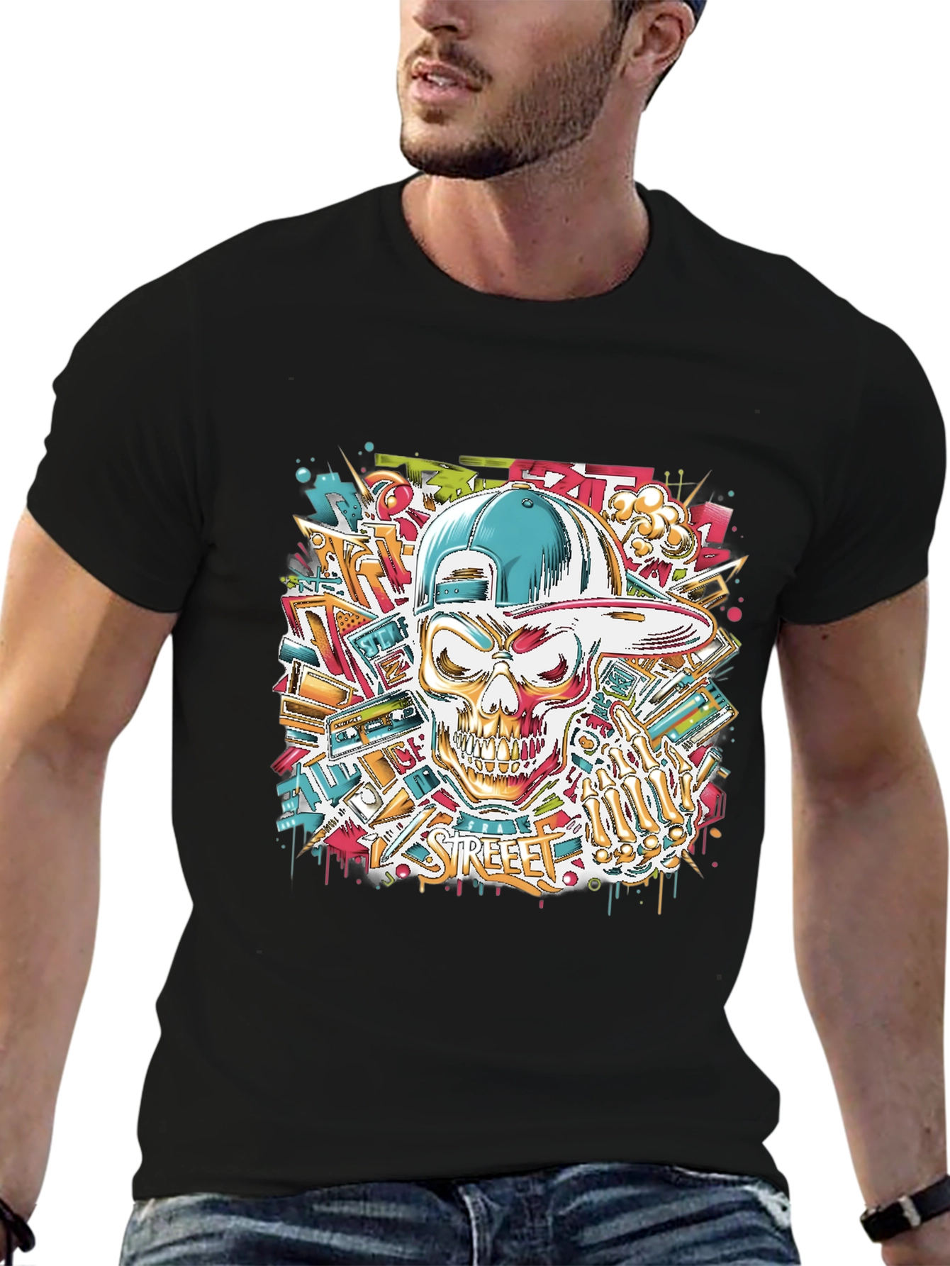 Streetwear Skull Graphic Tee - Black