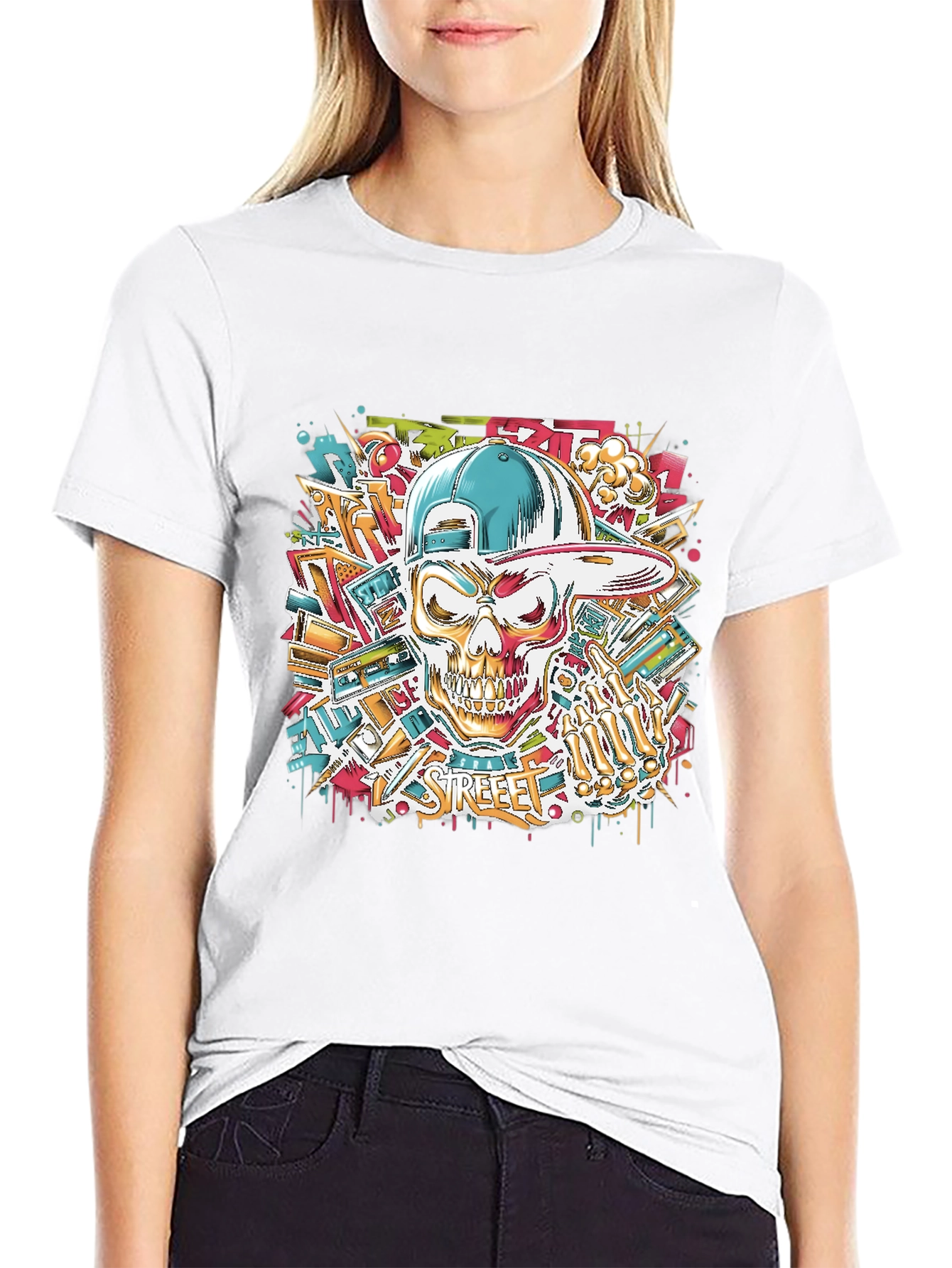 Streetwear Skull Graphic Tee - Black