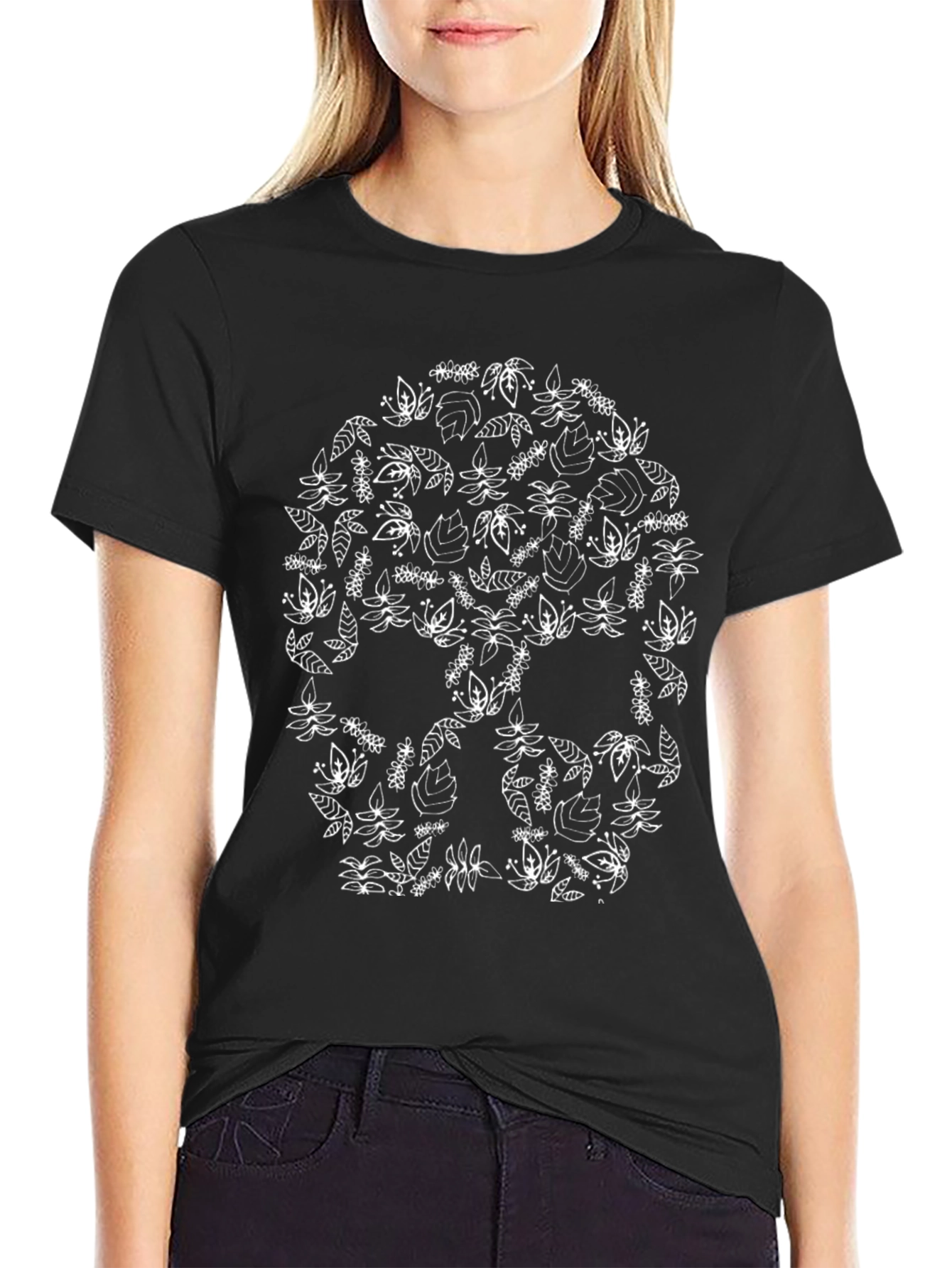Floral Skull Graphic T-Shirt - Black Cotton Tee