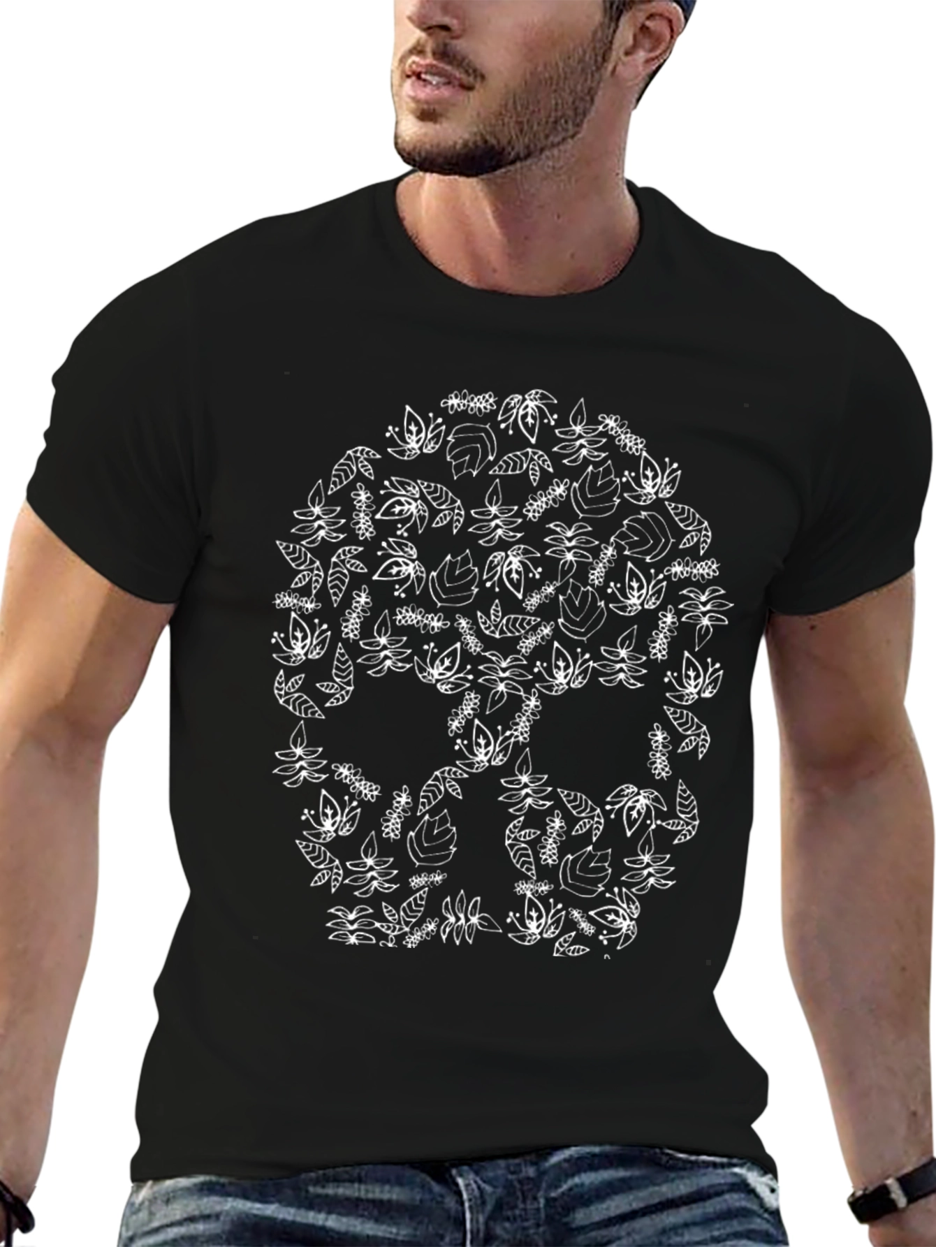 Floral Skull Graphic T-Shirt - Black Cotton Tee