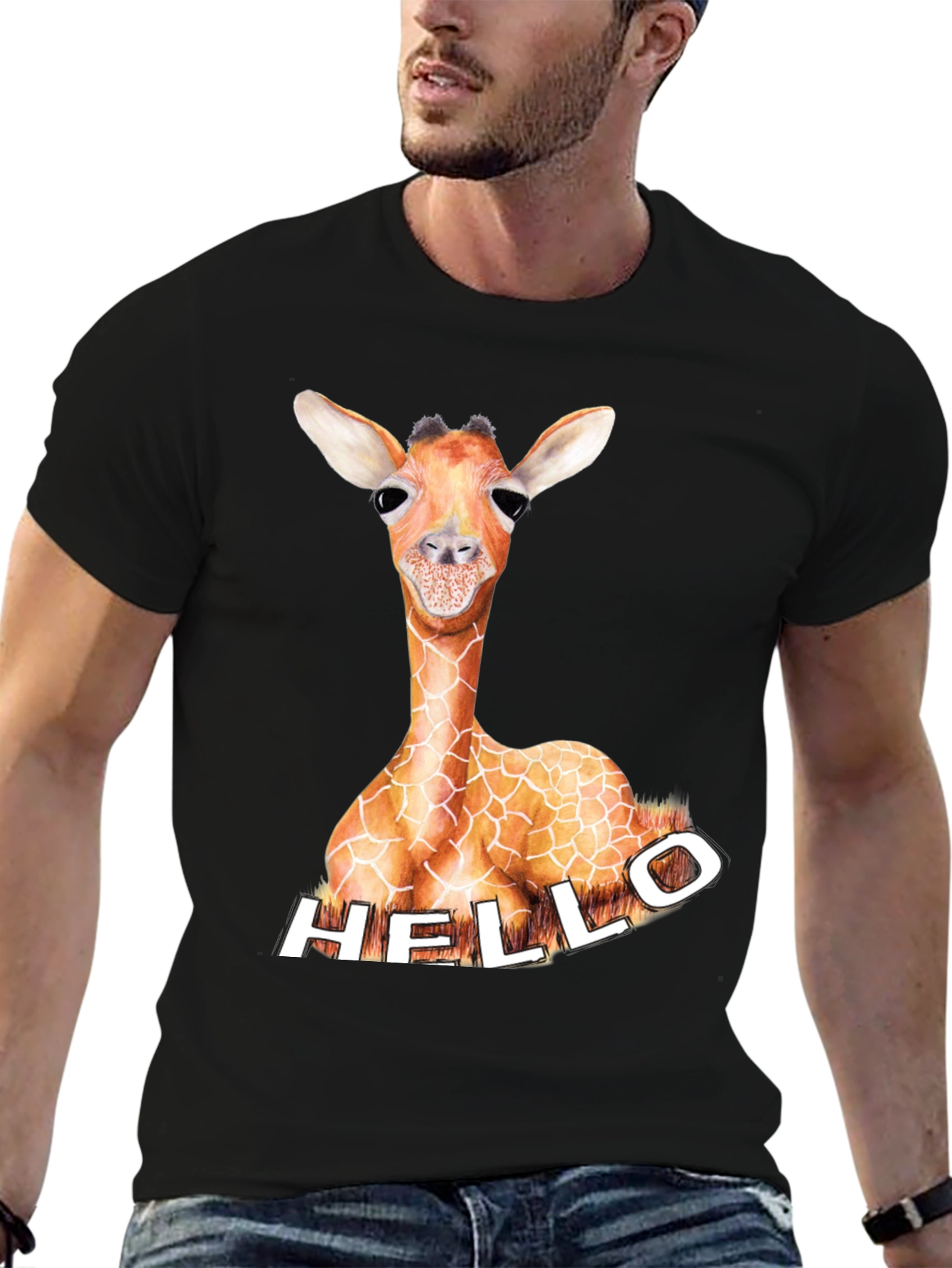Giraffe Hello Graphic Tee - Unique Animal Print Shirt