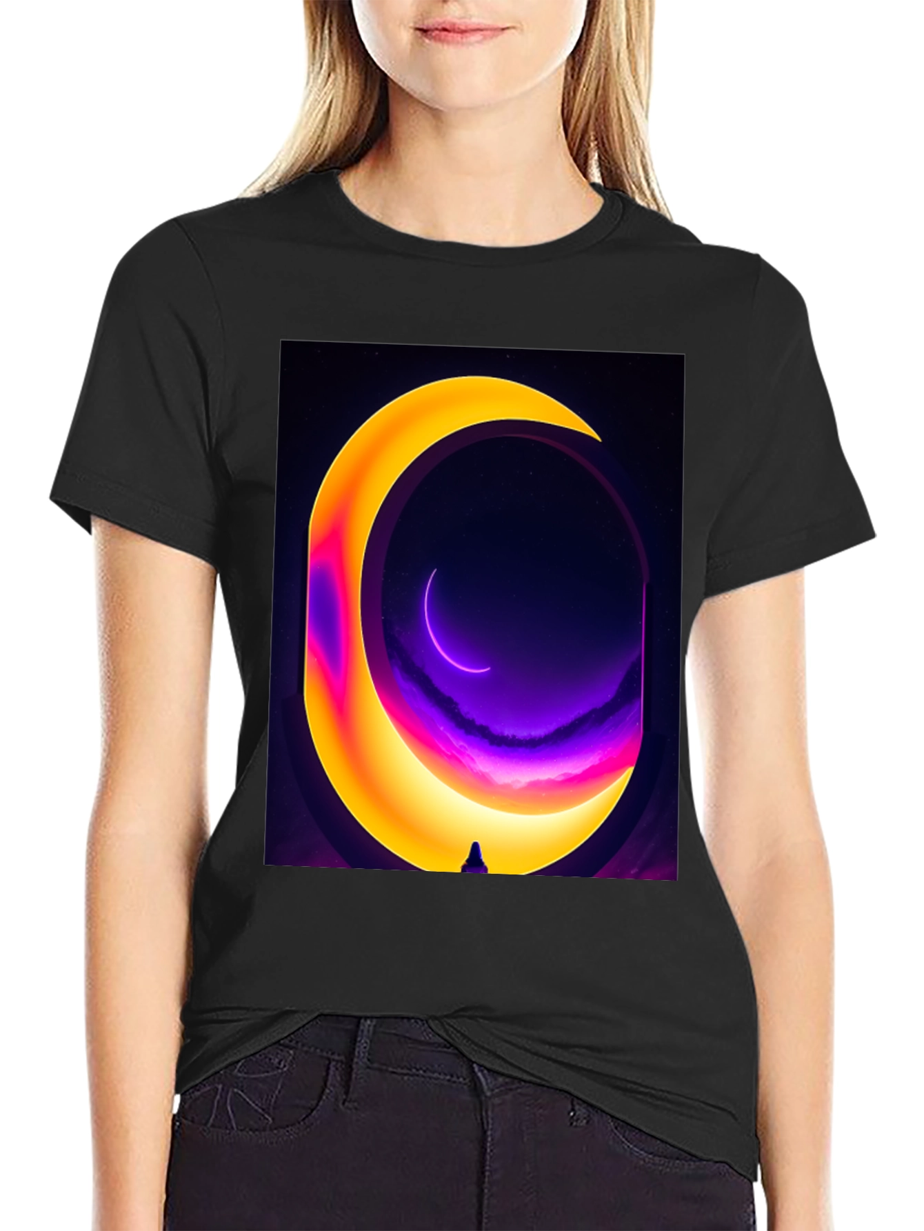 Cosmic Moon Portal Graphic Tee - Black