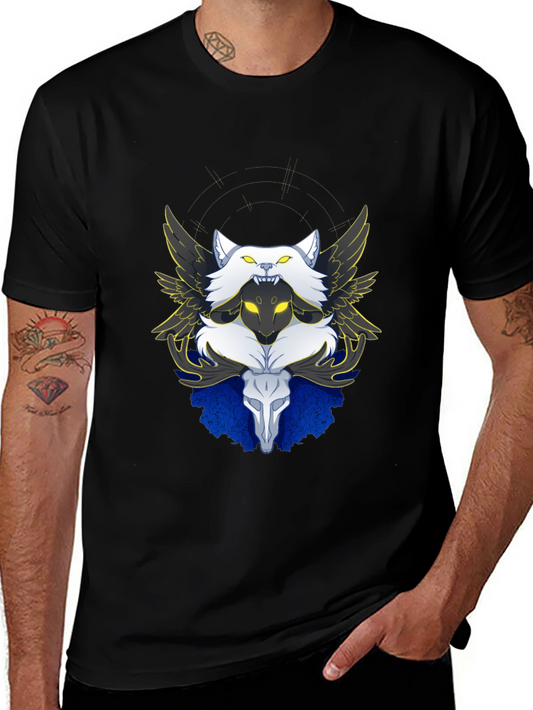 Winged Wolf & Skull Graphic Tee - Unique Design