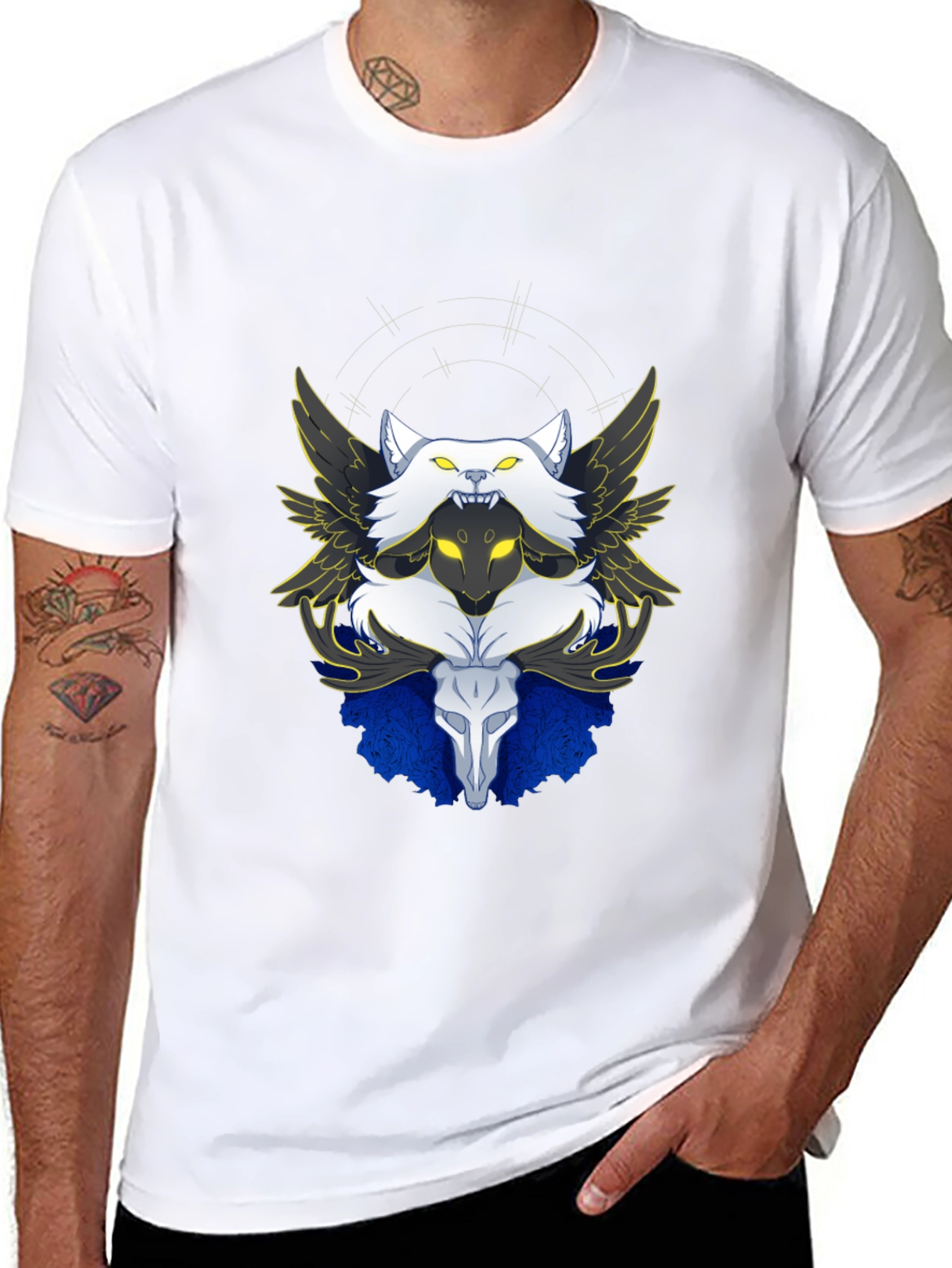 Winged Wolf & Skull Graphic Tee - Unique Design