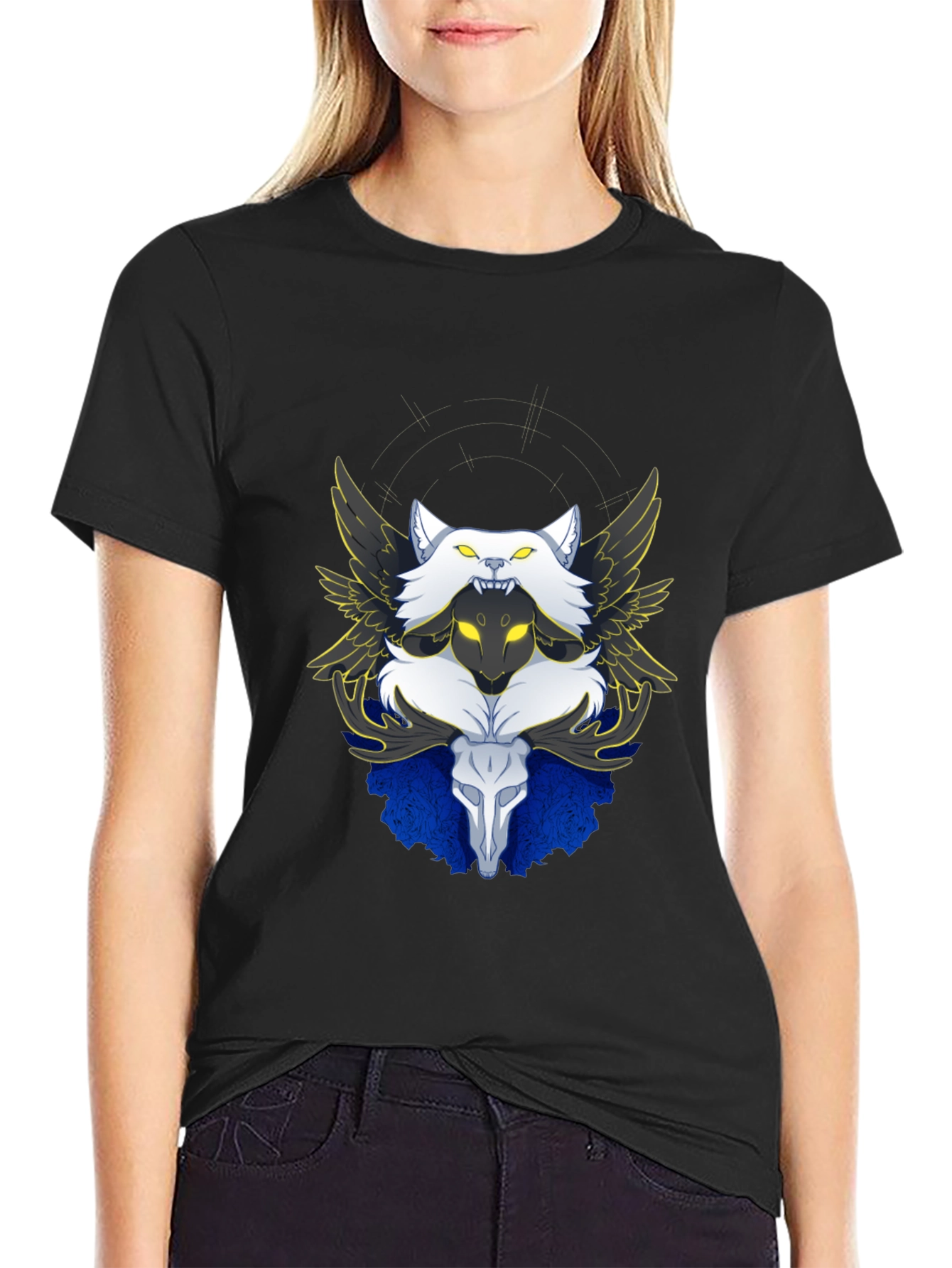 Winged Wolf & Skull Graphic Tee - Unique Design