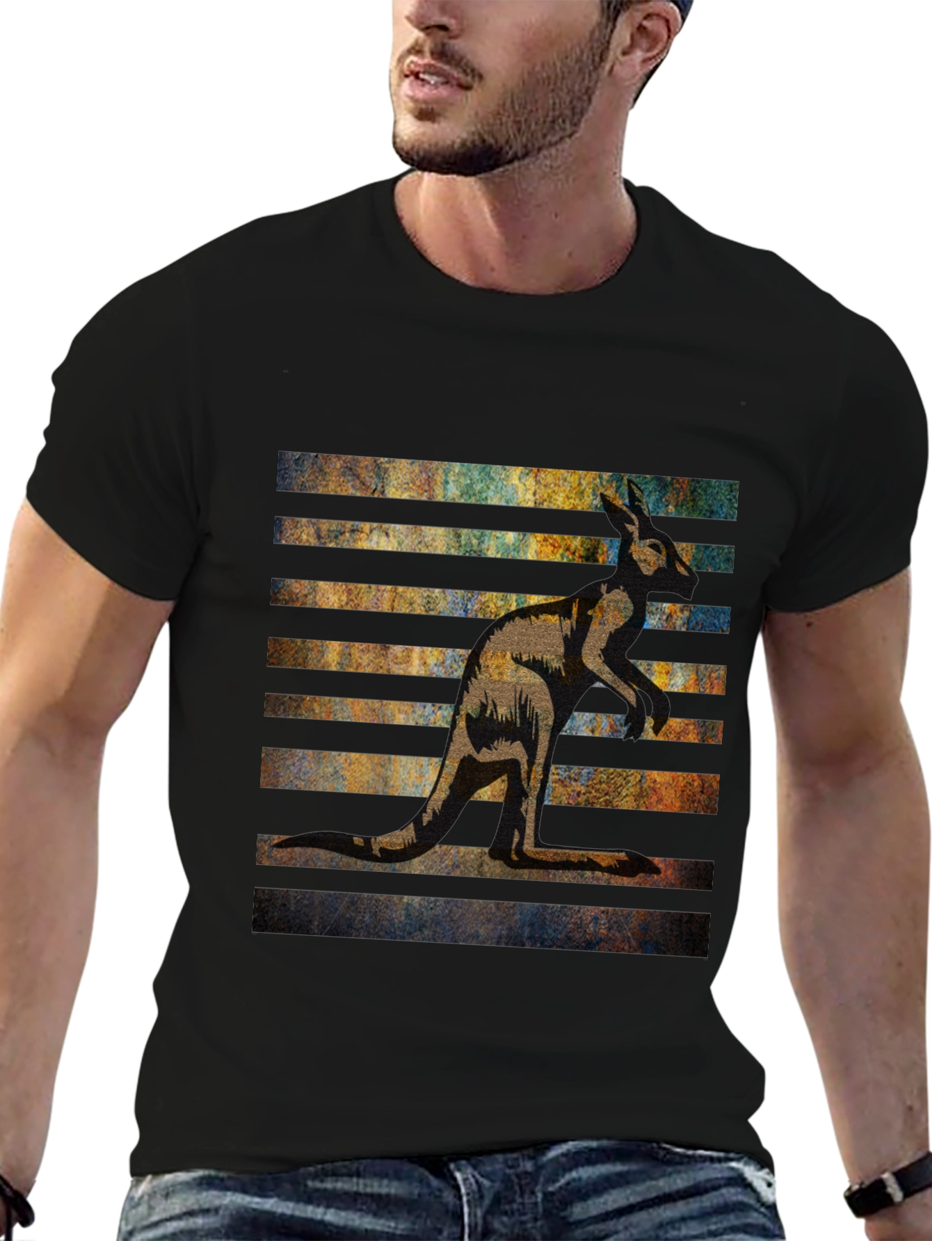 Kangaroo Graphic Tee - Black Cotton Blend Casual Wear