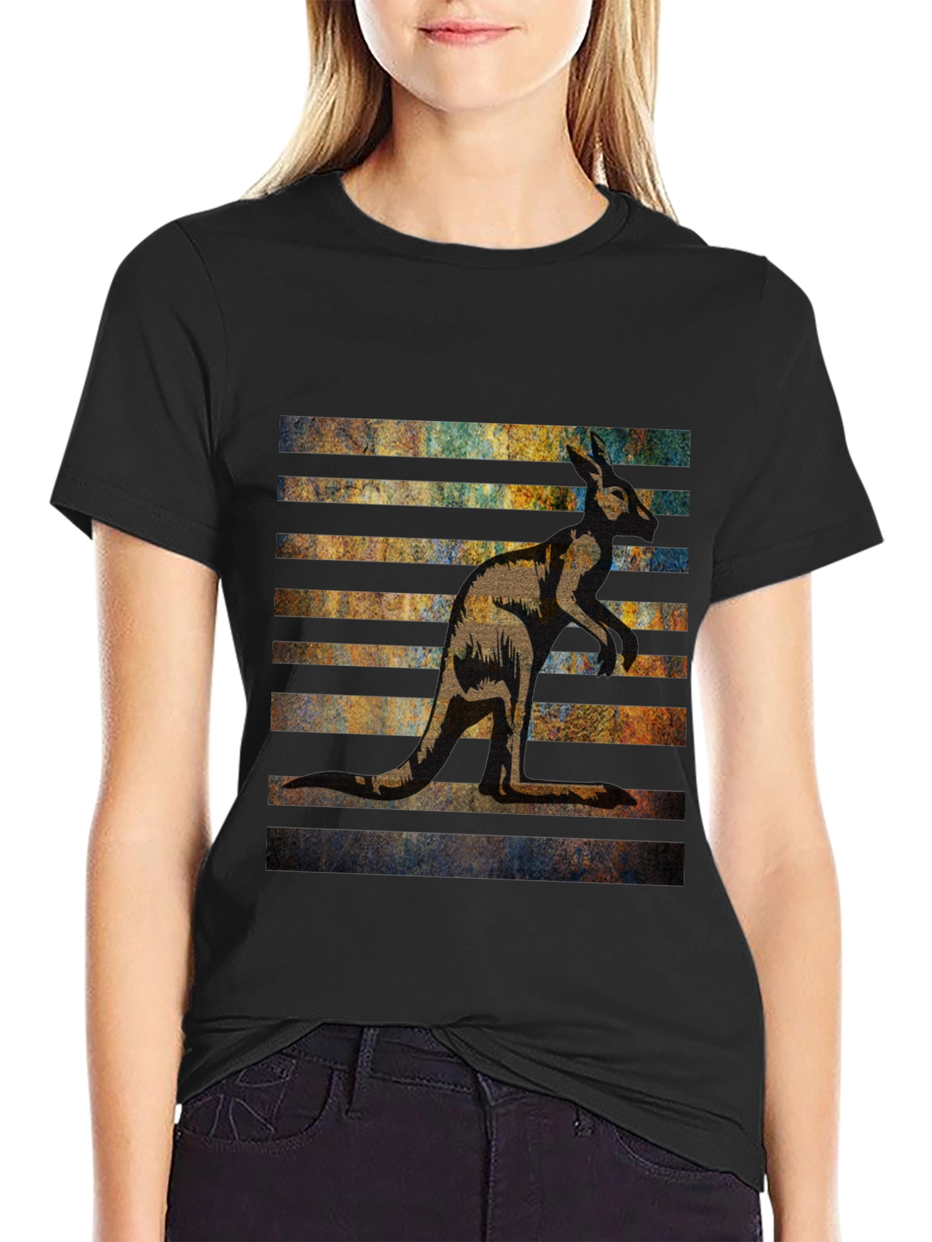 Kangaroo Graphic Tee - Black Cotton Blend Casual Wear