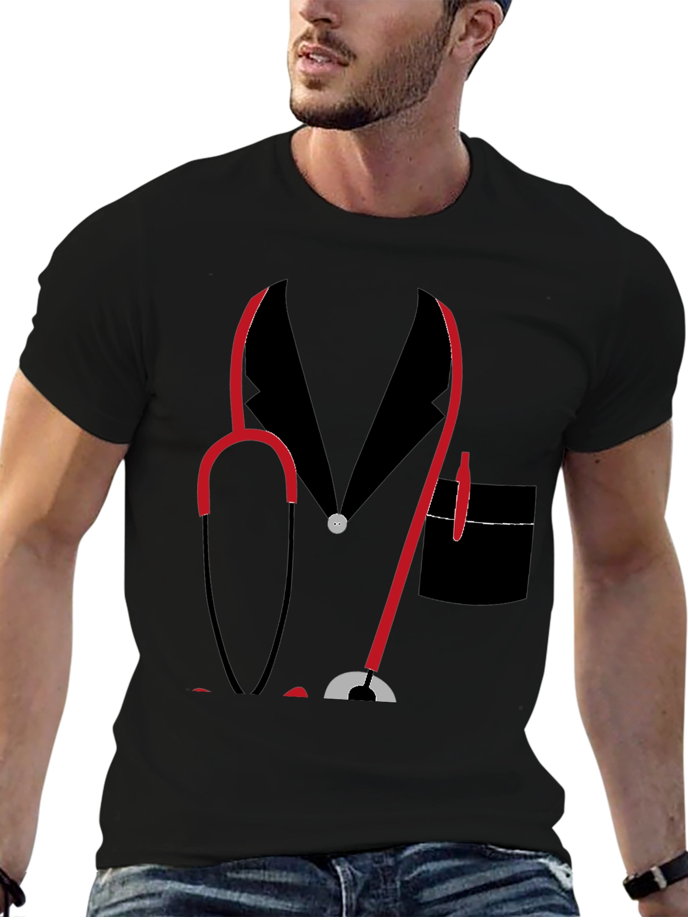 Doctor Stethoscope Graphic Print Black T-Shirt