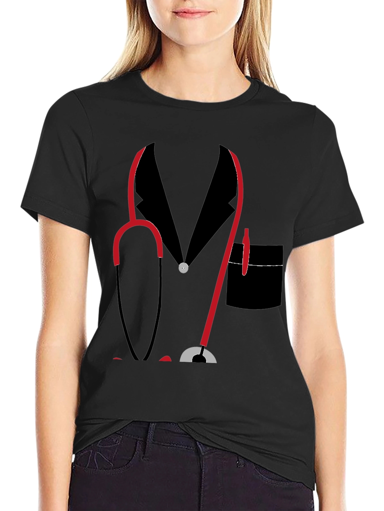 Doctor Stethoscope Graphic Print Black T-Shirt