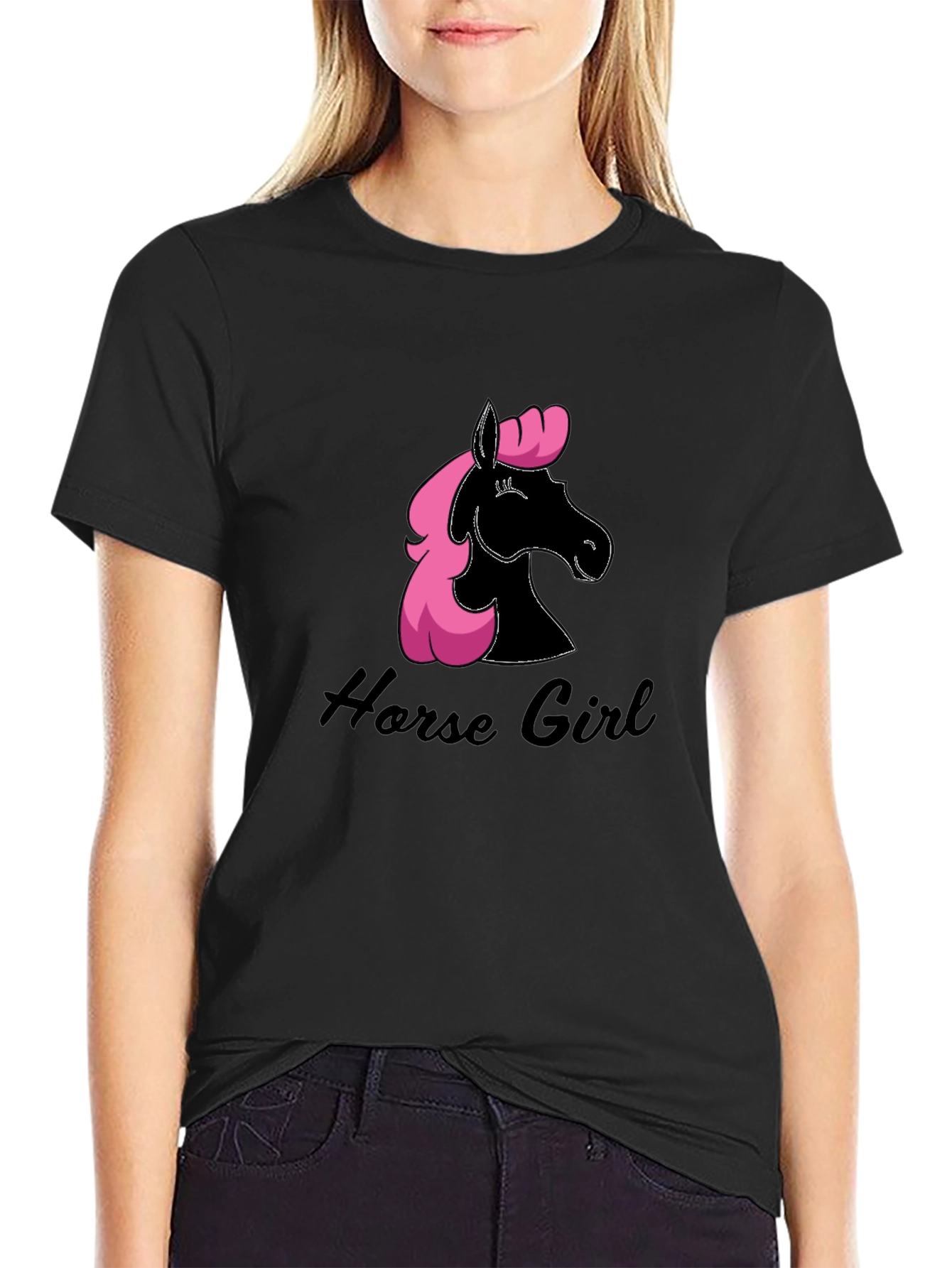 Horse Girl Black T-Shirt Pink Mane