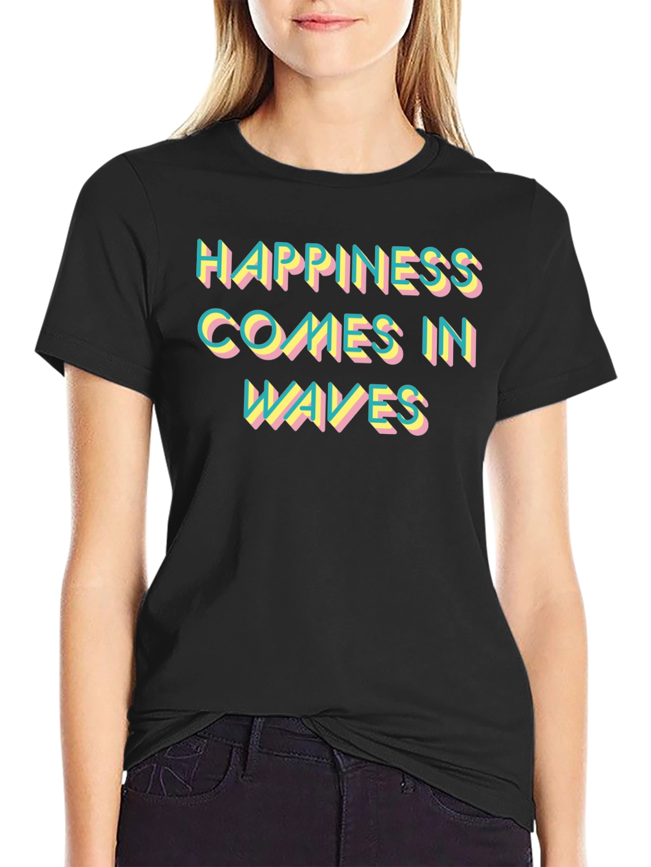 Happiness Comes in Waves Graphic Tee - Black