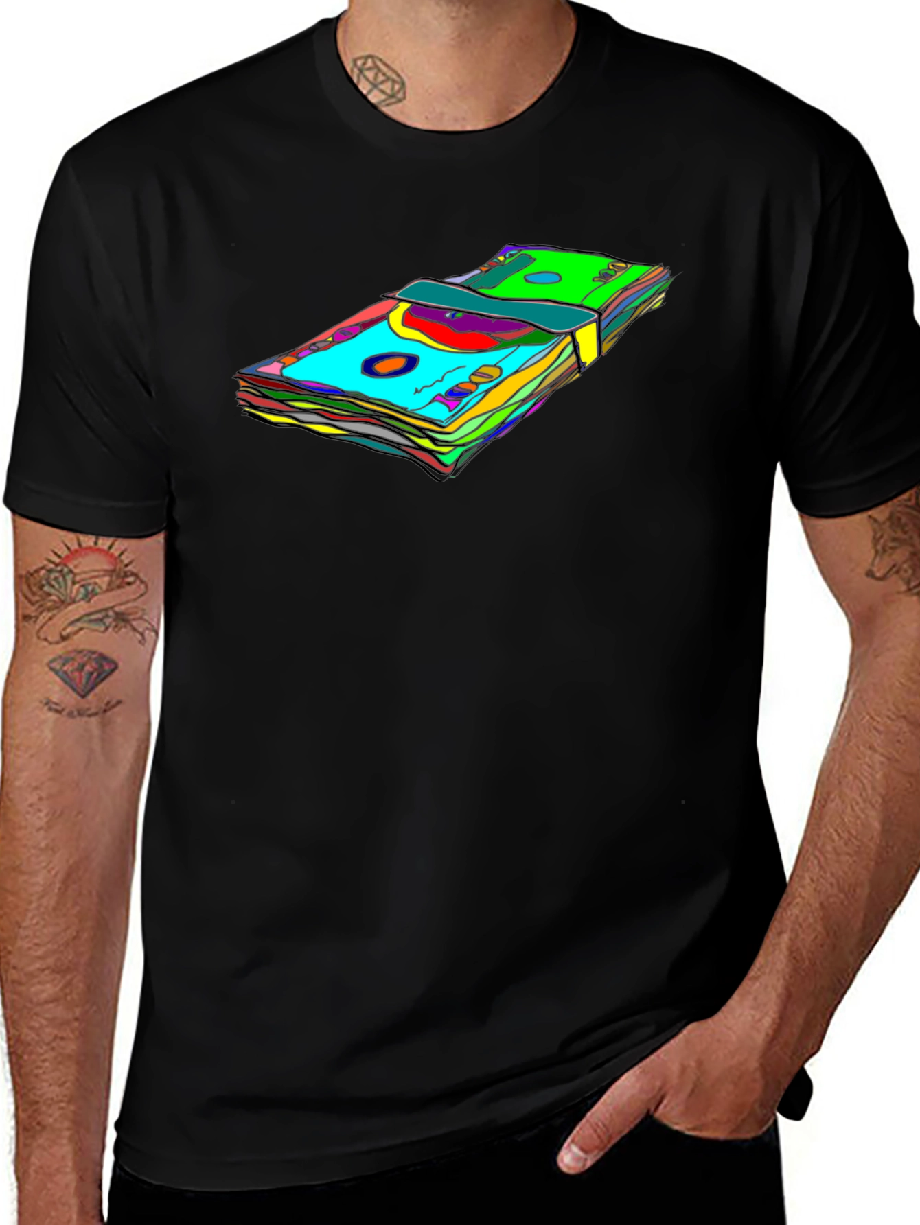 Vibrant Money Stack Graphic Tee - Black
