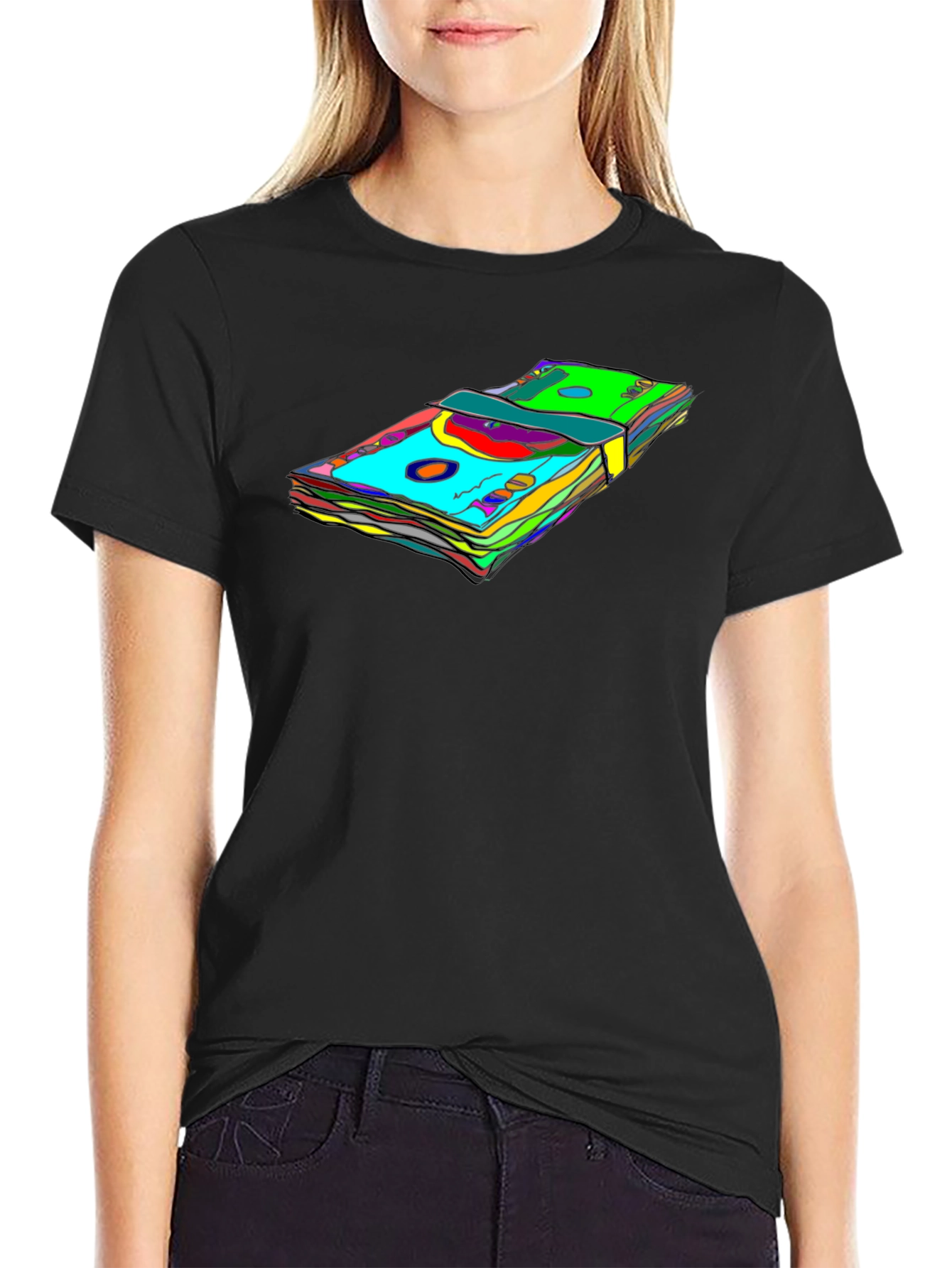 Vibrant Money Stack Graphic Tee - Black