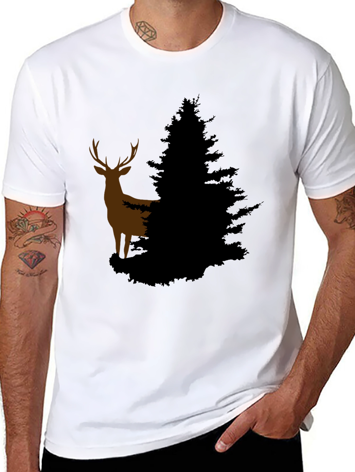 Deer and Evergreen Tree Graphic T-Shirt