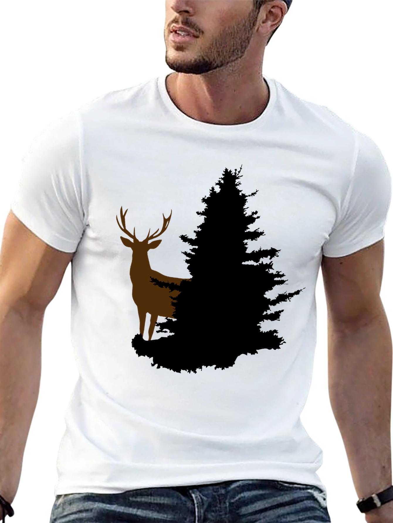 Deer and Evergreen Tree Graphic T-Shirt