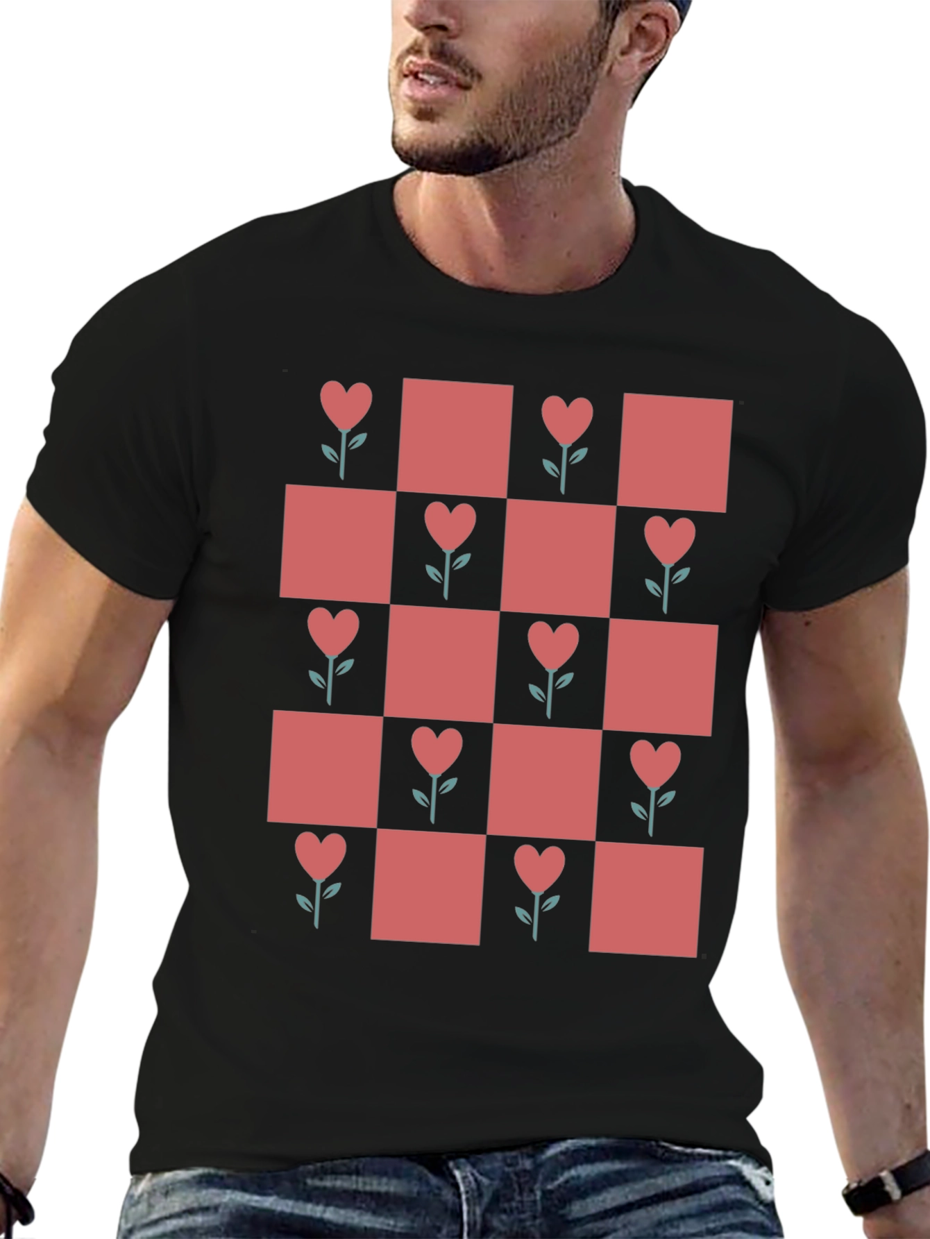 Heart Flower Checkered Black Tee