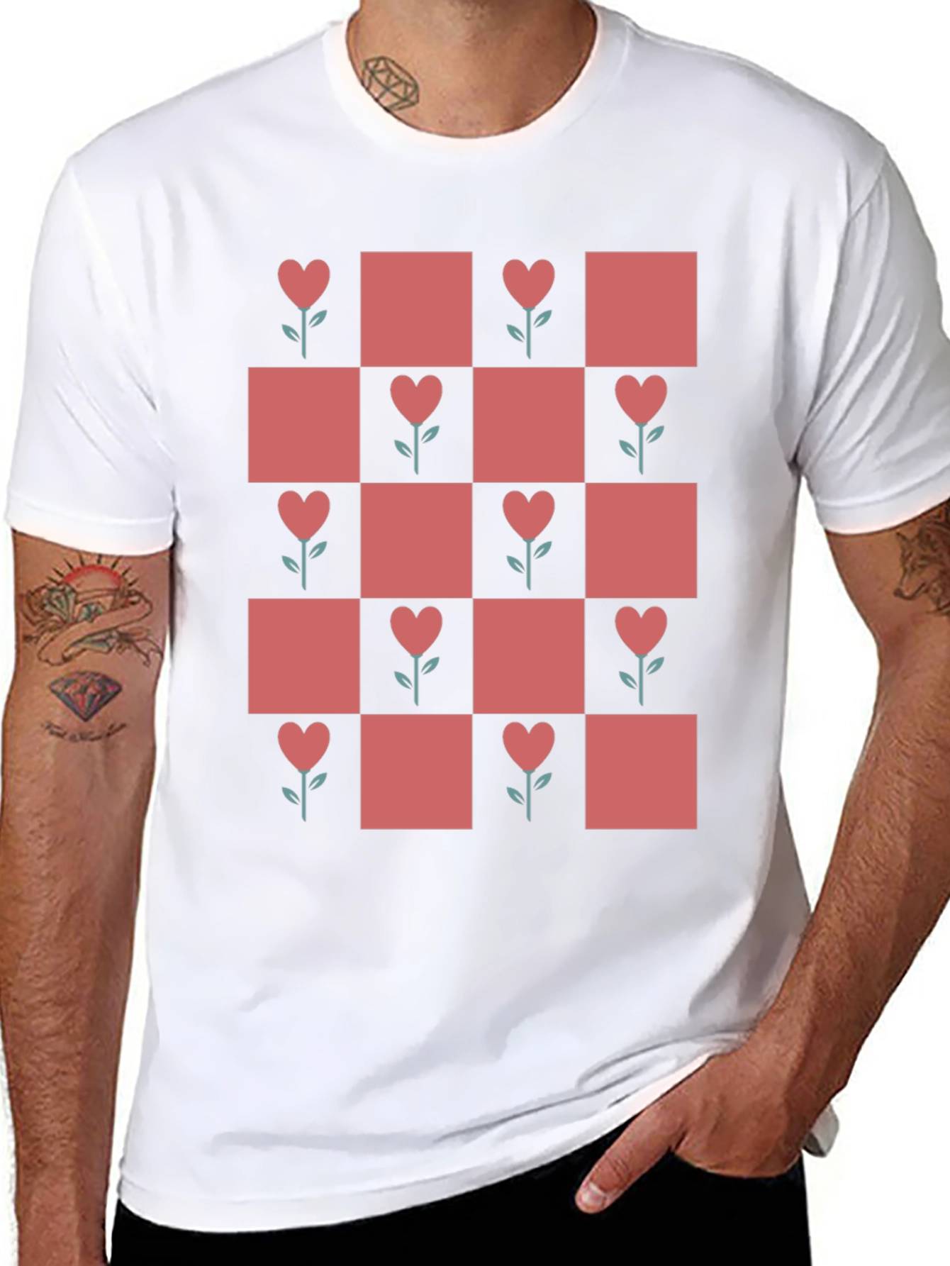 Heart Flower Checkered Black Tee