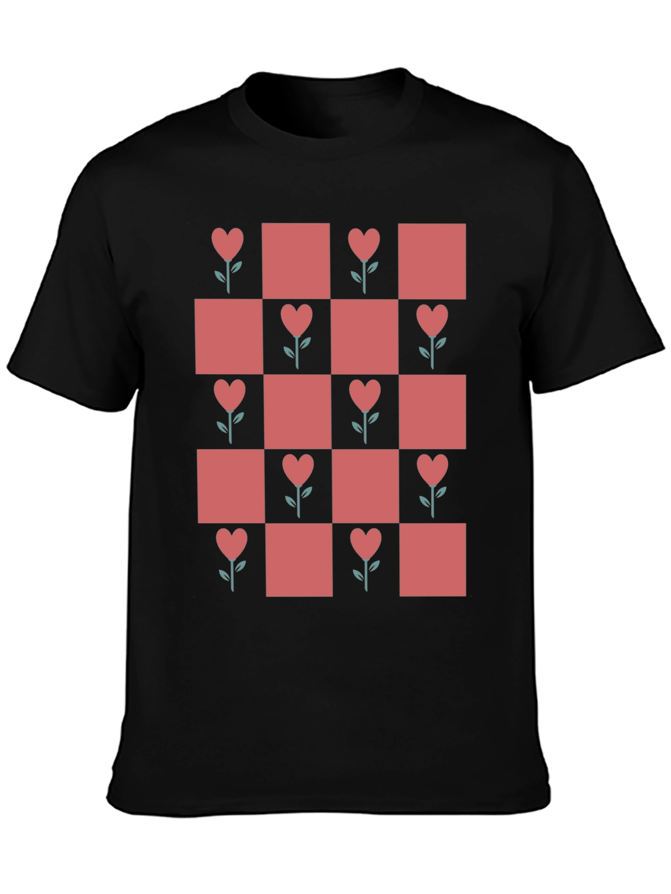Heart Flower Checkered Black Tee