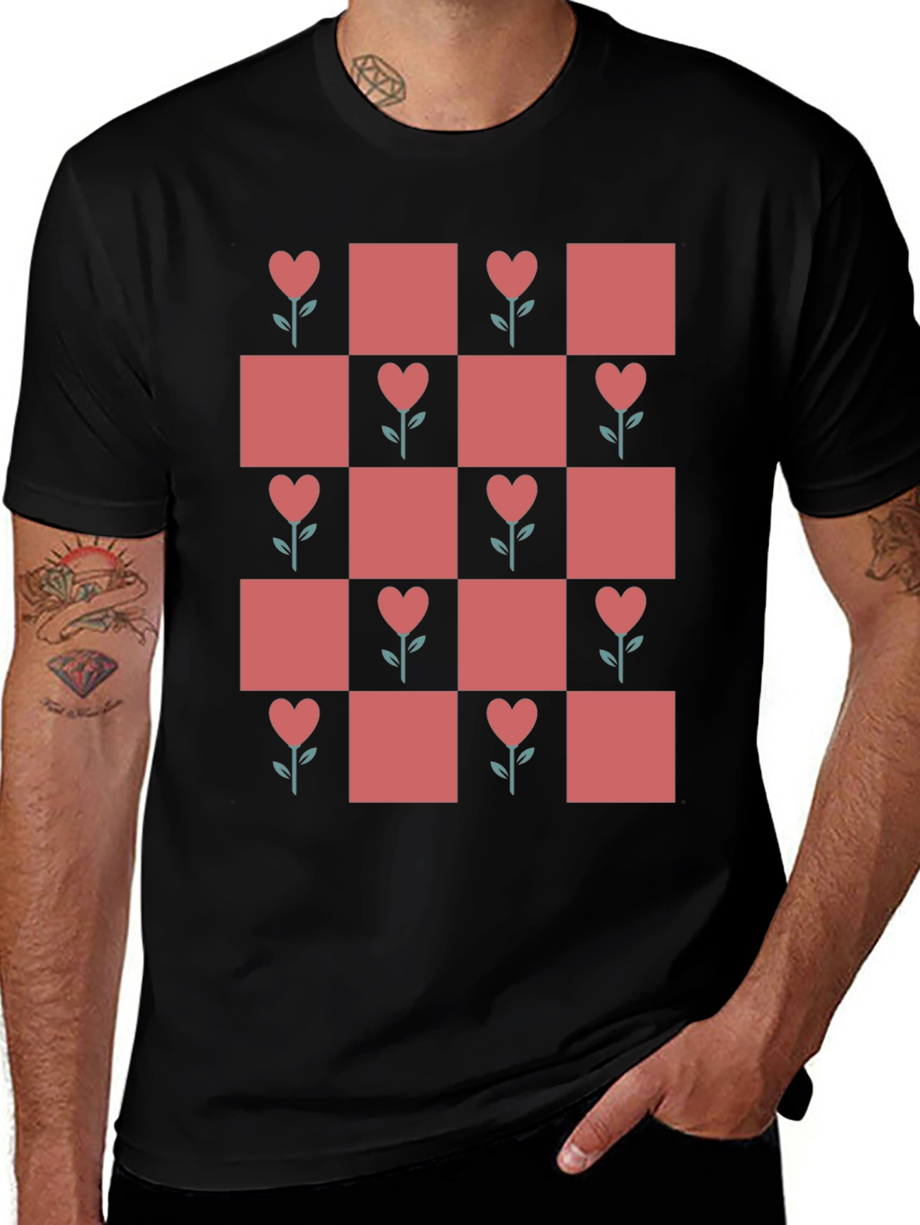 Heart Flower Checkered Black Tee