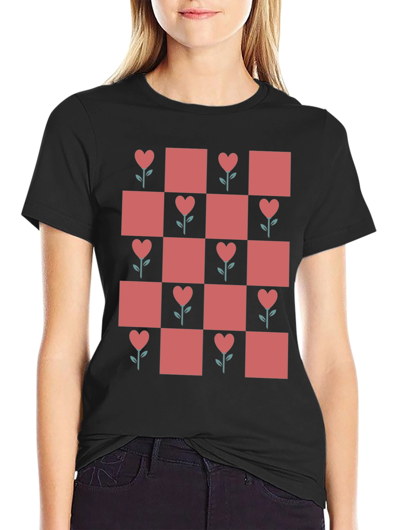 Heart Flower Checkered Black Tee