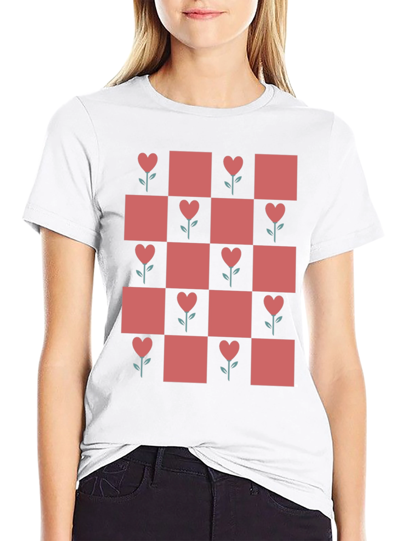 Heart Flower Checkered Black Tee