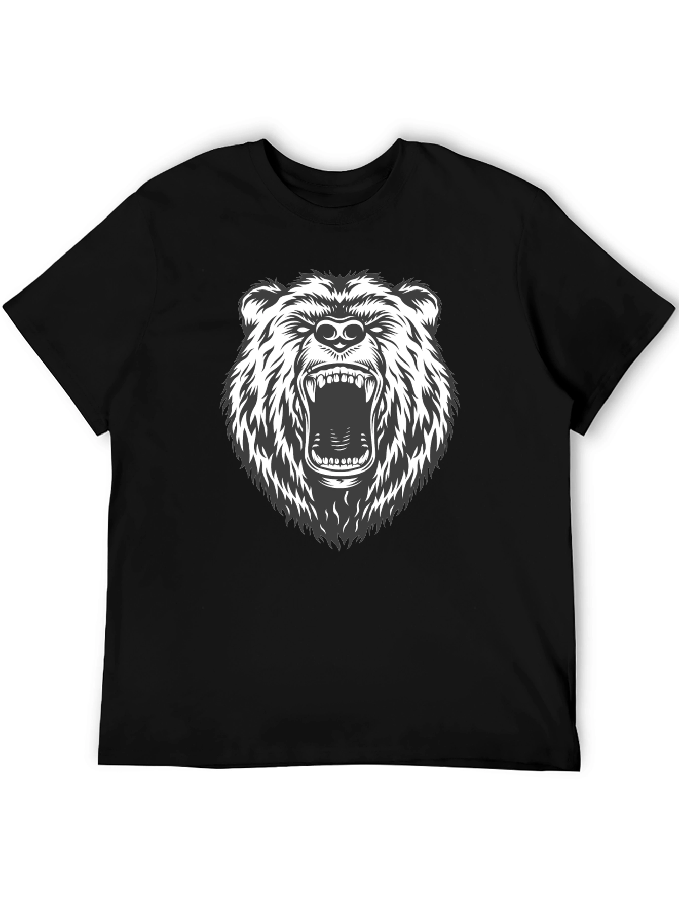Mens Black T-Shirt with Roaring Bear Graphic