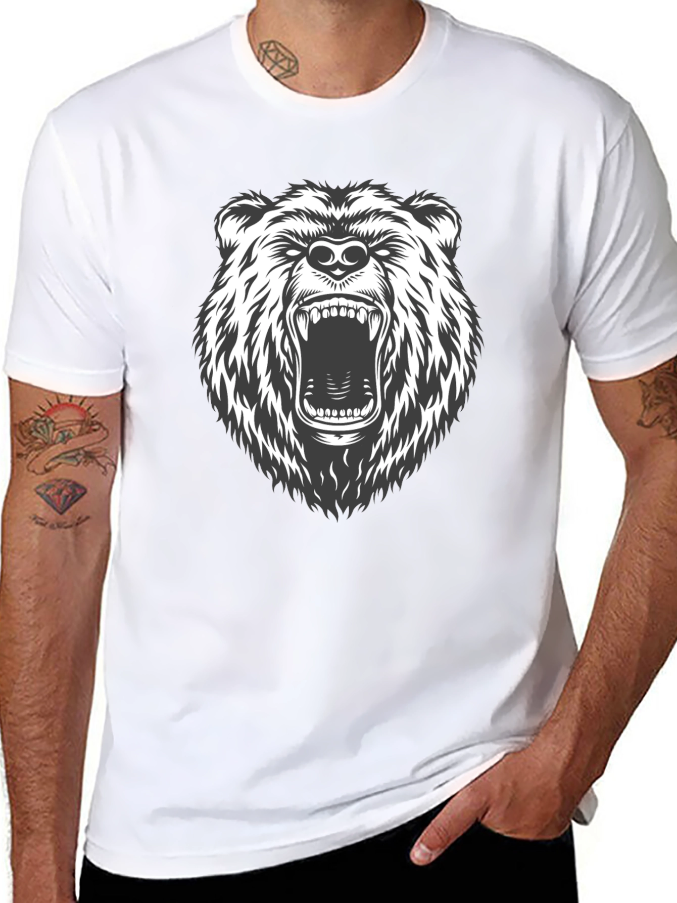 Mens Black T-Shirt with Roaring Bear Graphic