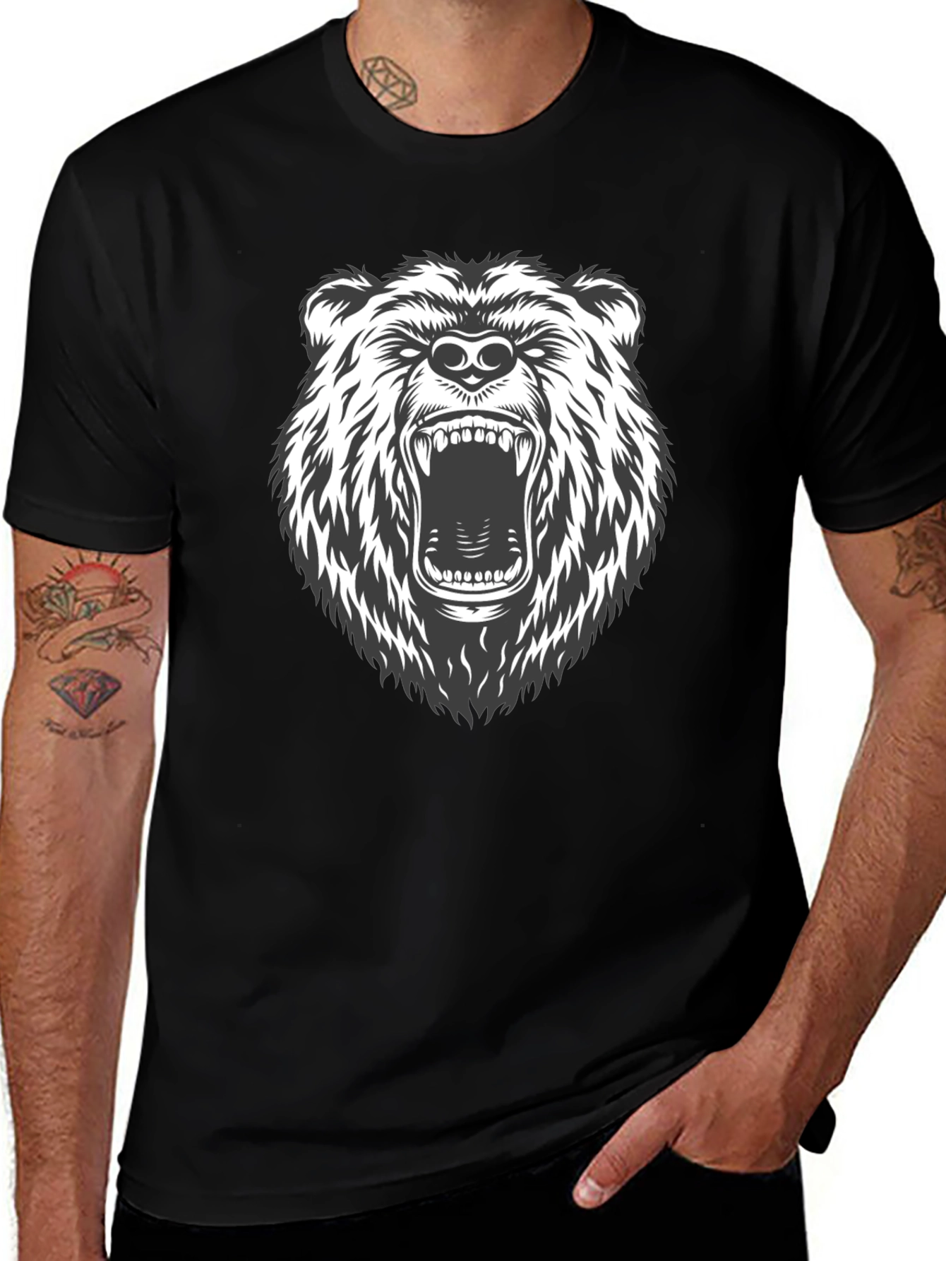 Mens Black T-Shirt with Roaring Bear Graphic