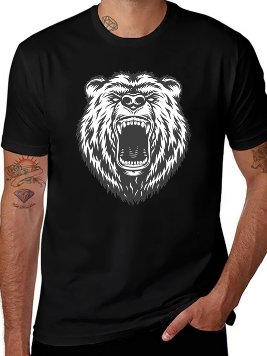 Mens Black T-Shirt with Roaring Bear Graphic