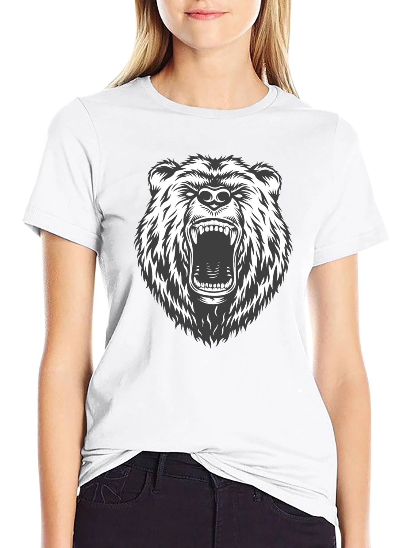 Mens Black T-Shirt with Roaring Bear Graphic
