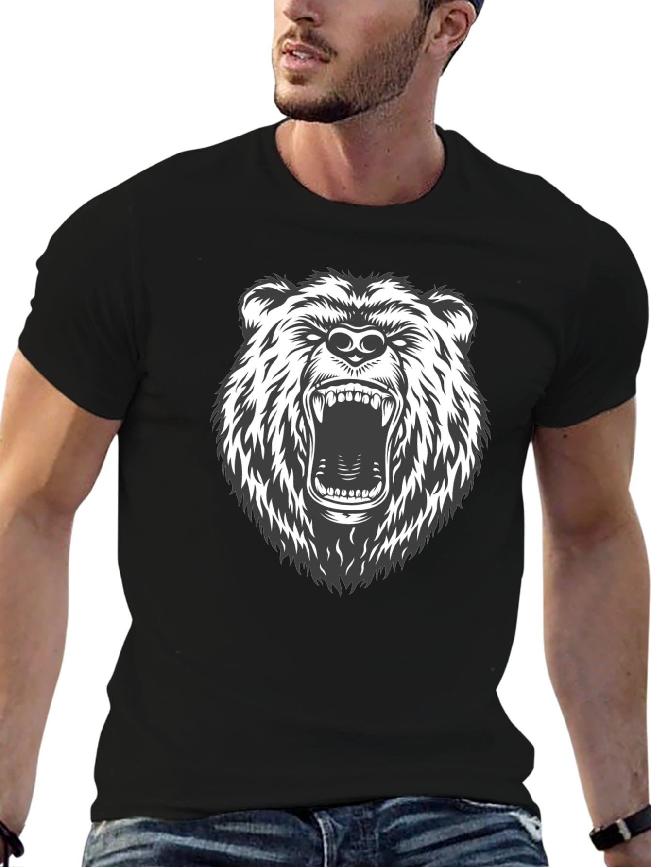 Mens Black T-Shirt with Roaring Bear Graphic