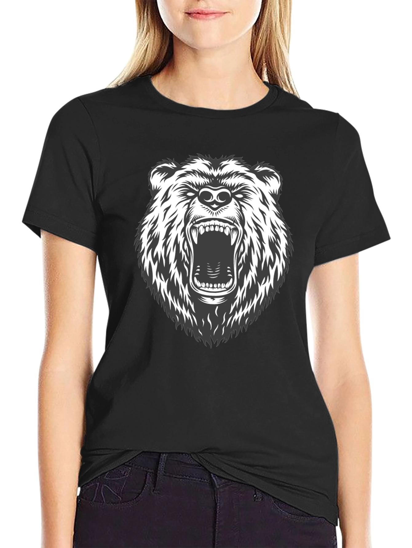 Mens Black T-Shirt with Roaring Bear Graphic
