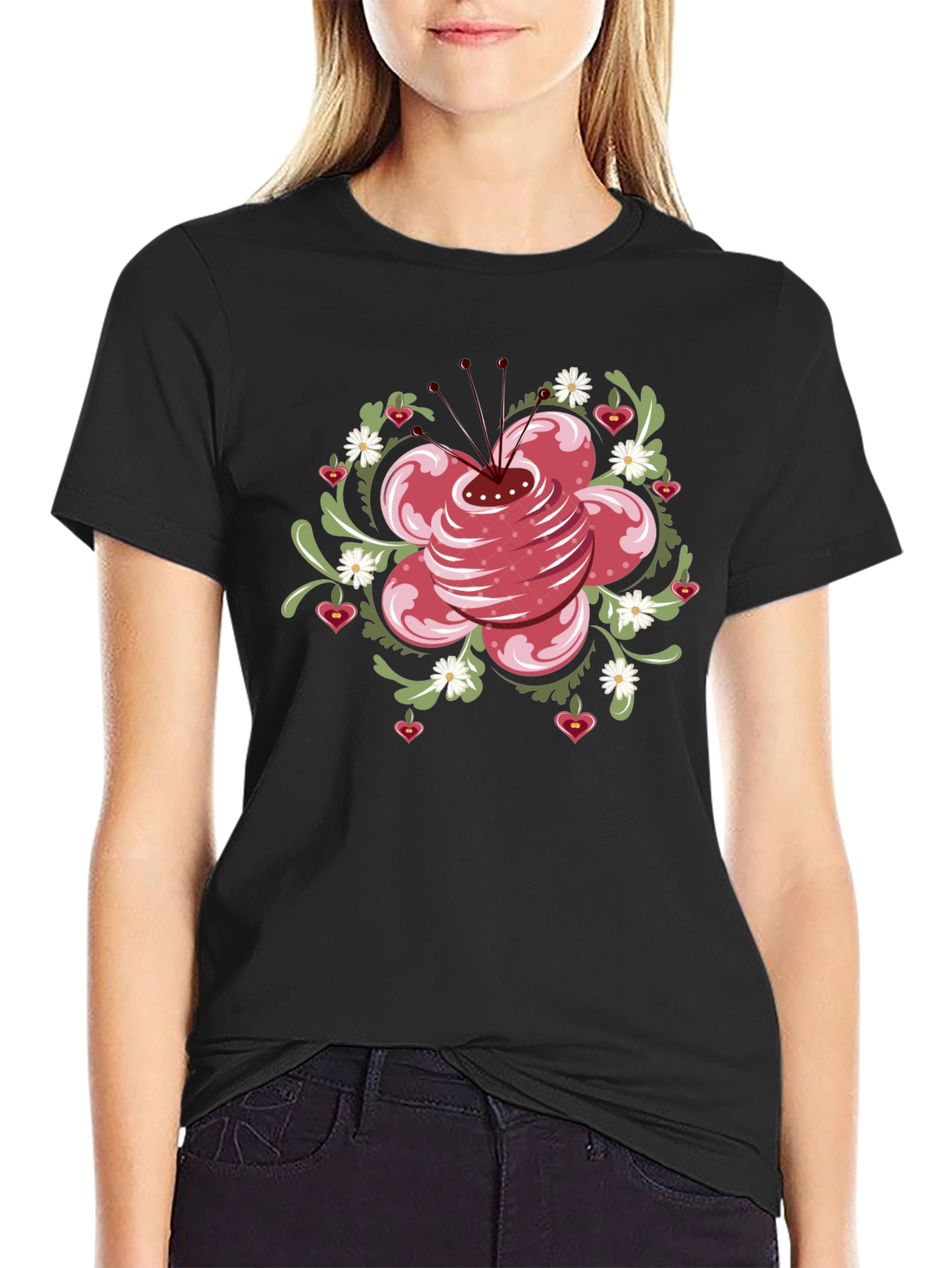 Floral Heart T-Shirt - Black