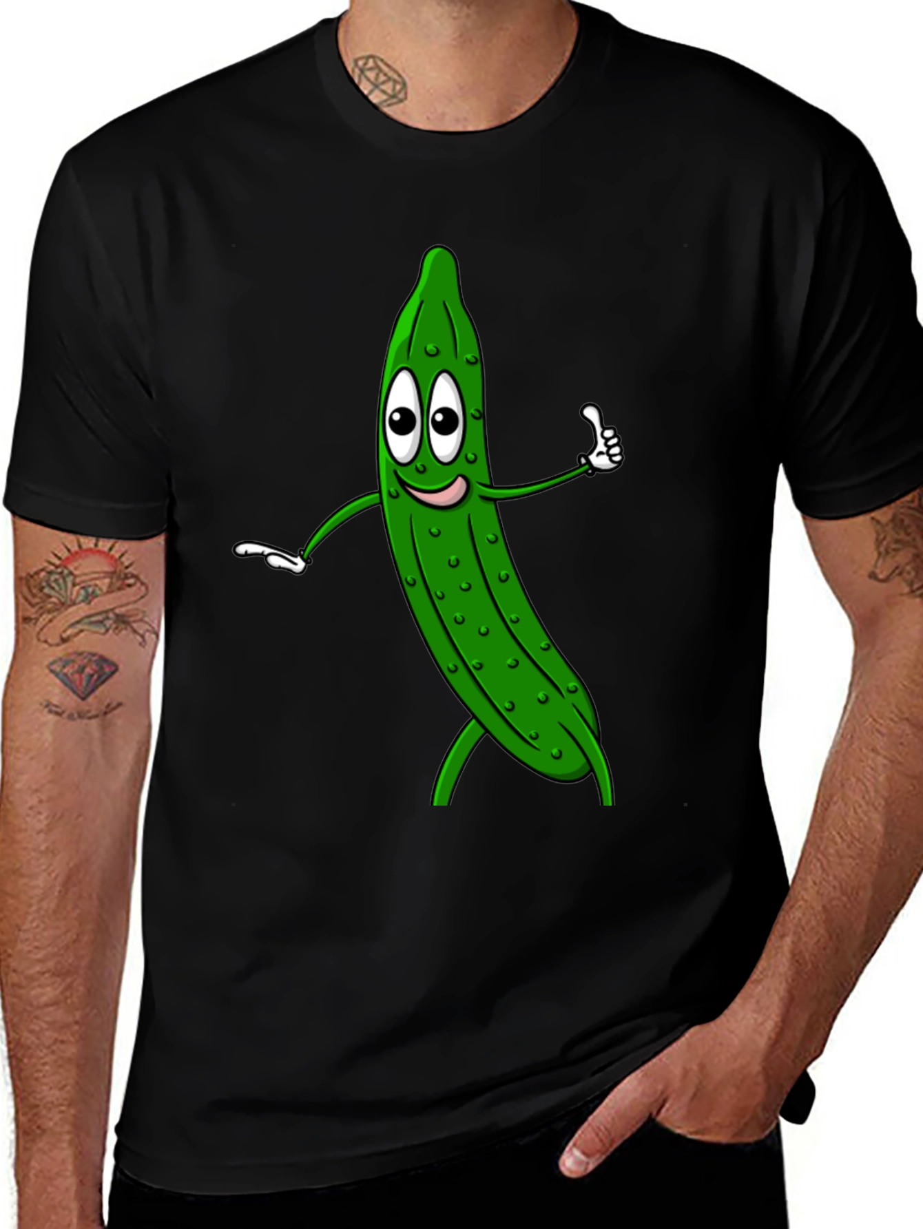 Funny Pickle Cartoon Black T-Shirt