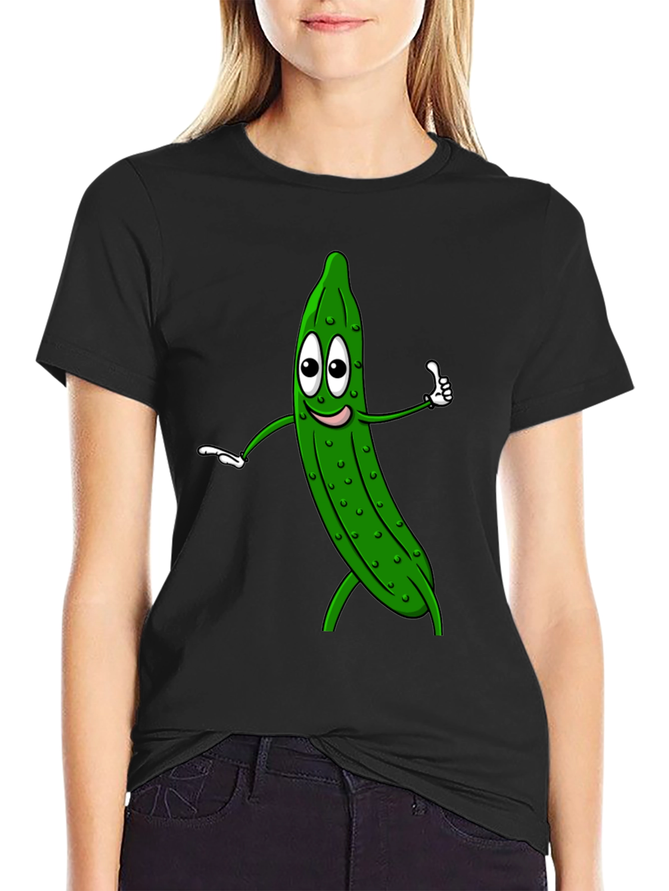 Funny Pickle Cartoon Black T-Shirt