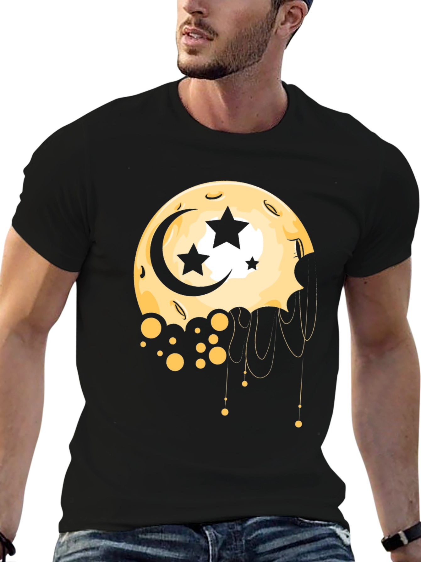 Moon Stars Graphic Tee - Black Cotton T-Shirt