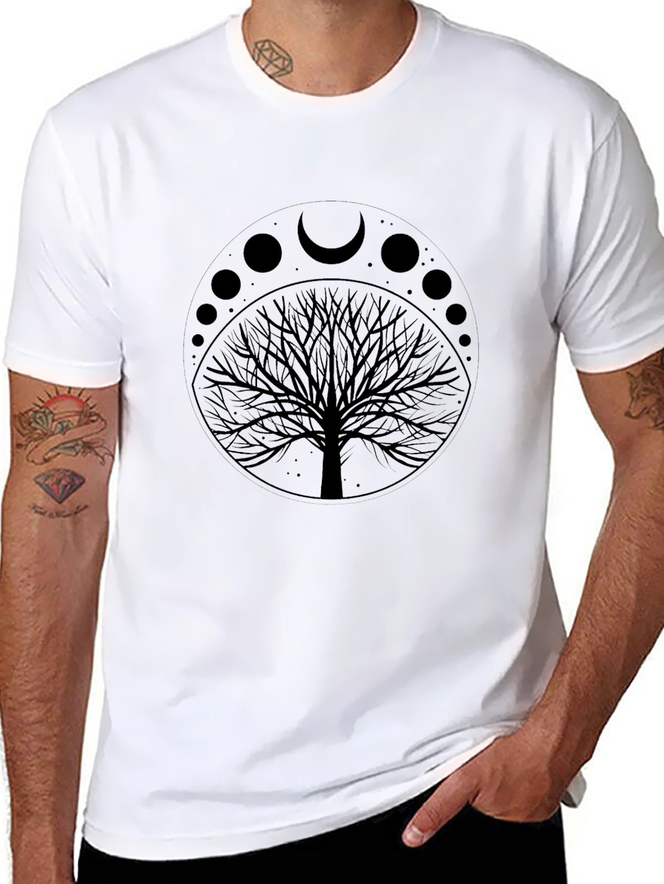 Moon Phases Tree Graphic Tee - Black Cotton