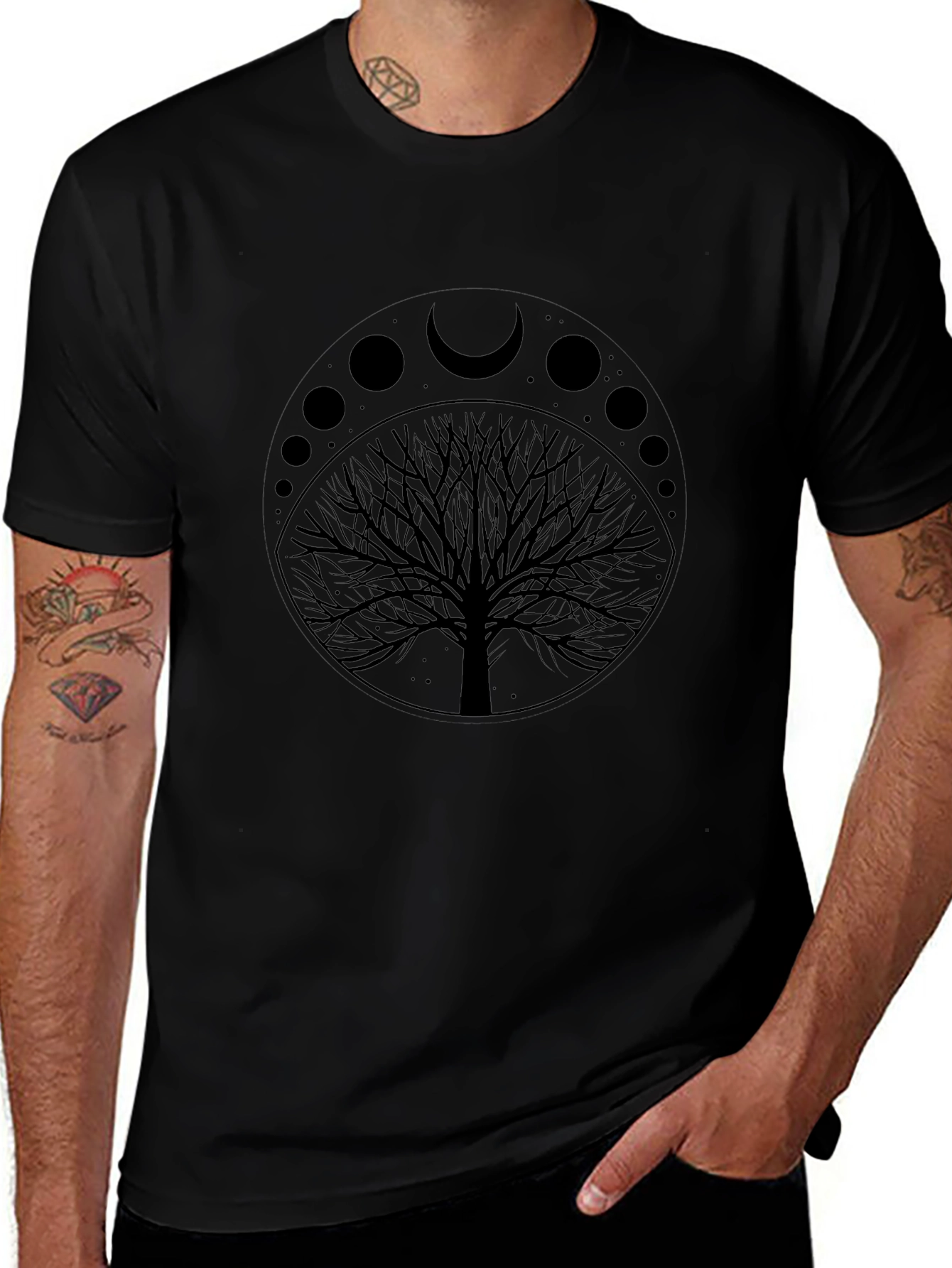Moon Phases Tree Graphic Tee - Black Cotton