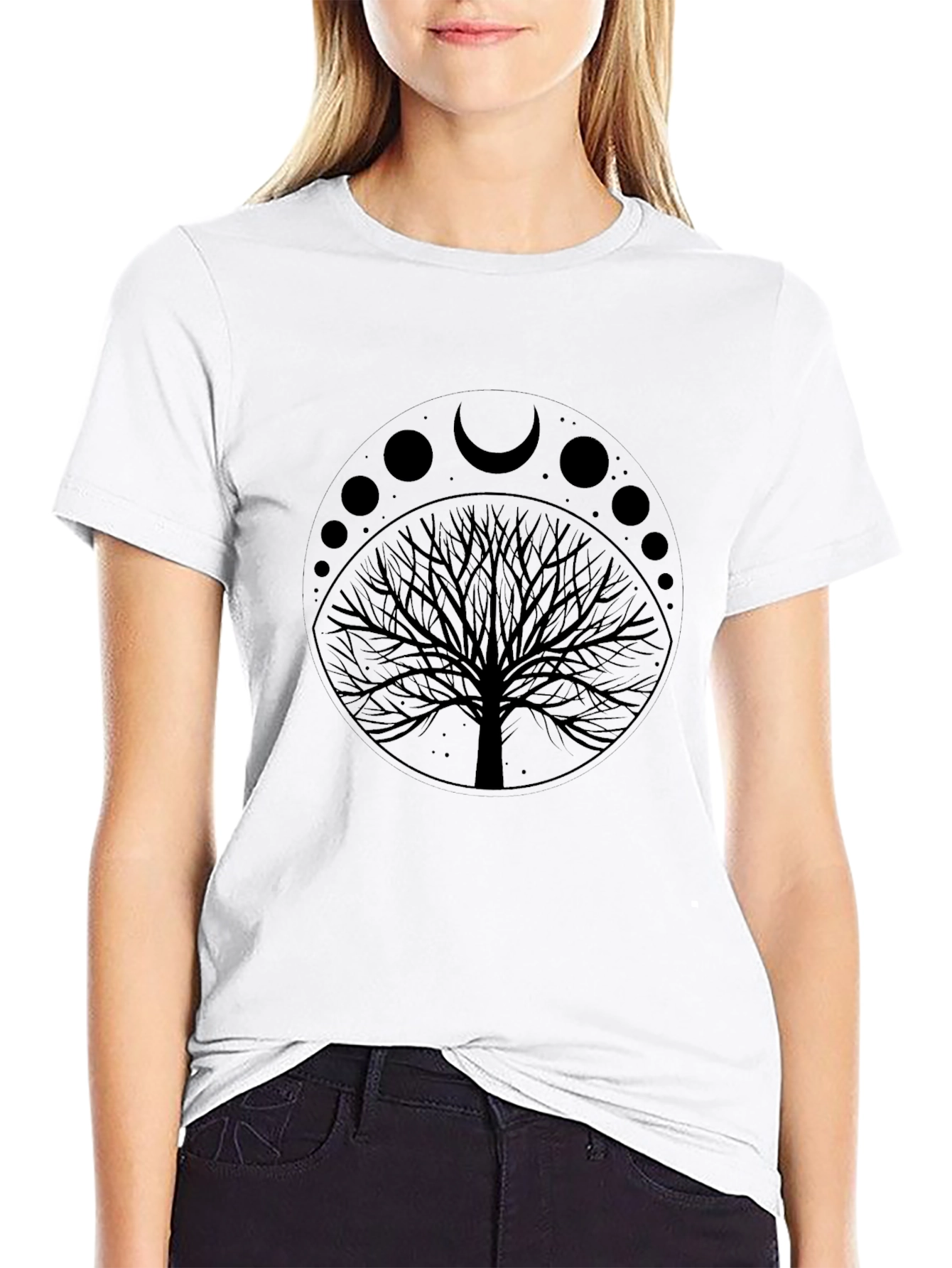 Moon Phases Tree Graphic Tee - Black Cotton