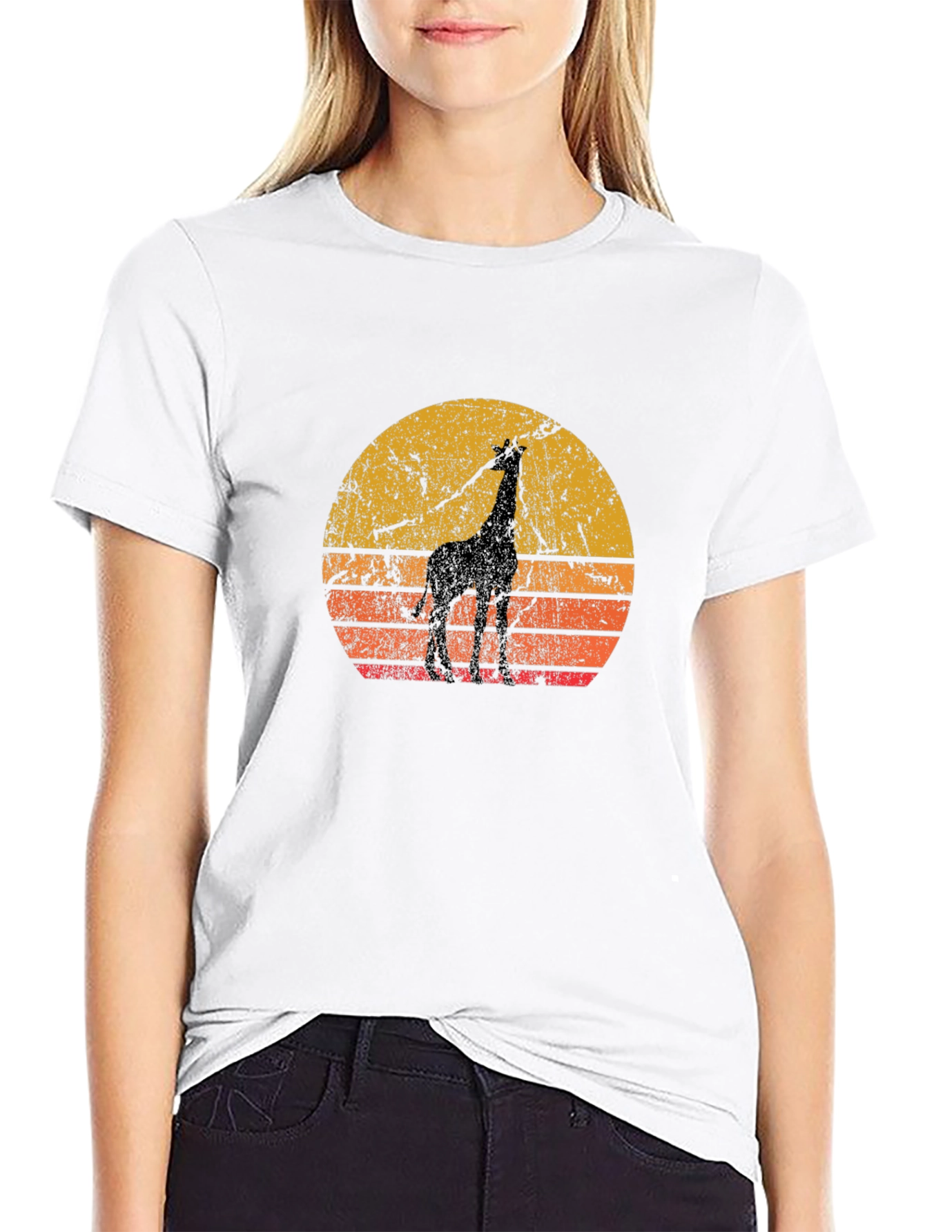 Retro Giraffe Sunset Black T-Shirt