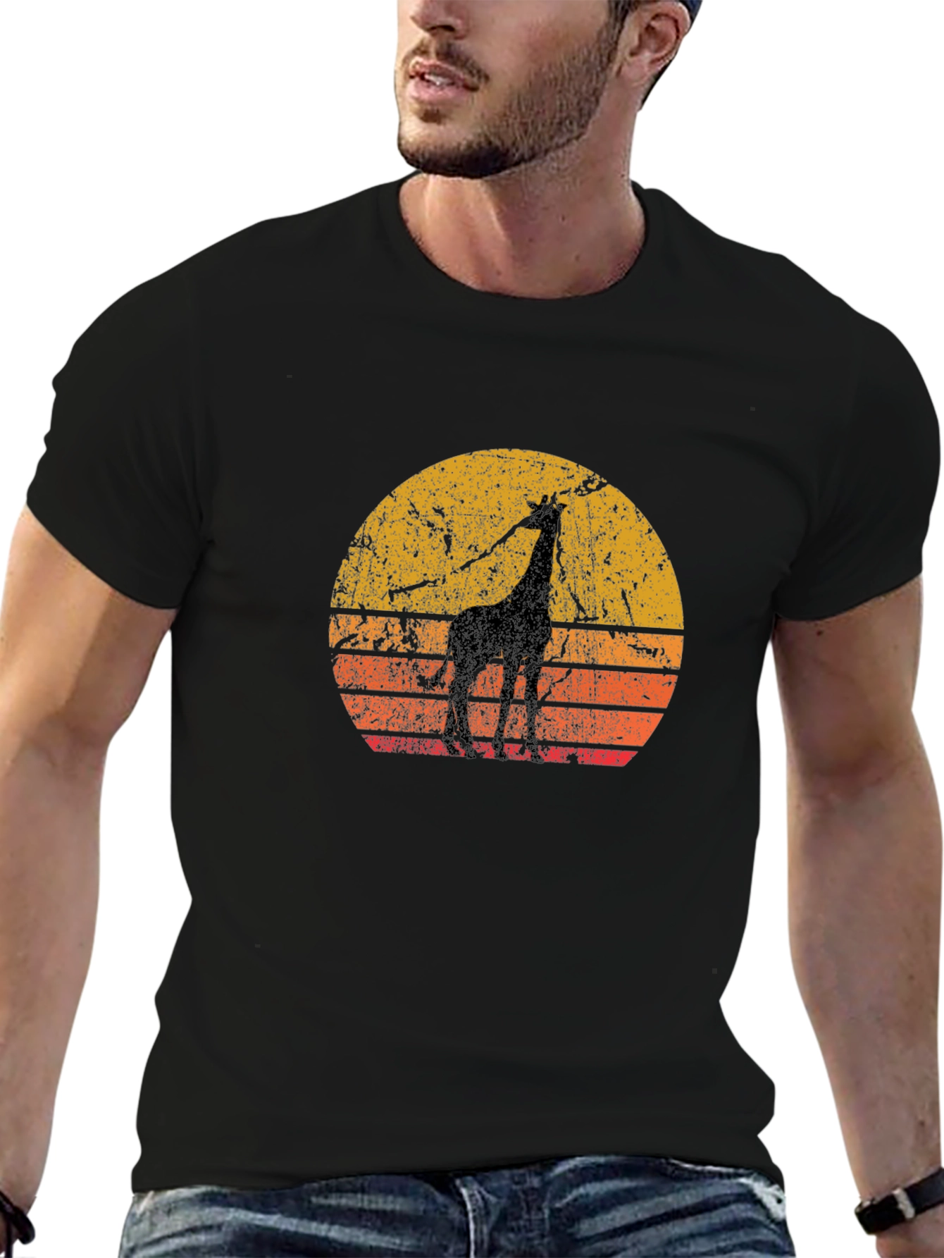 Retro Giraffe Sunset Black T-Shirt
