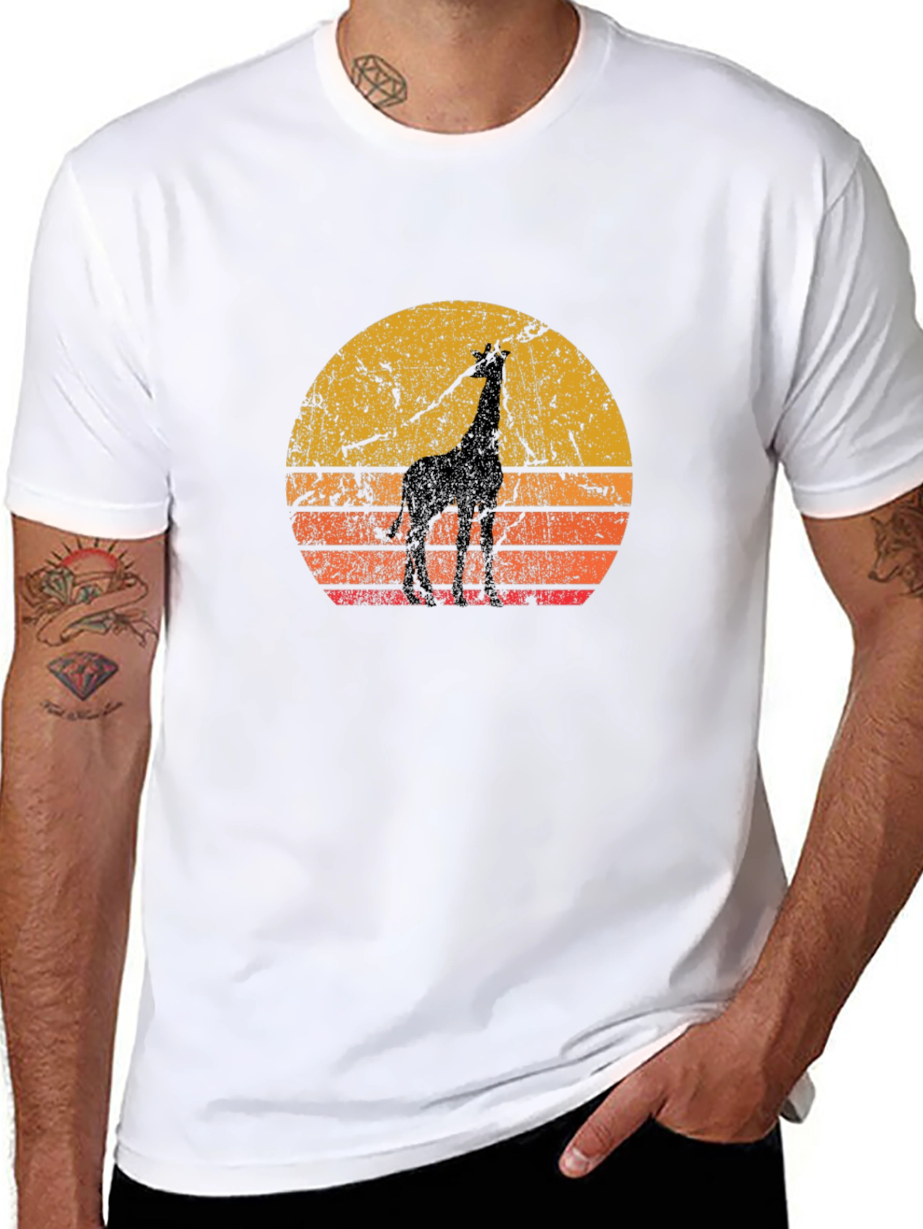 Retro Giraffe Sunset Black T-Shirt