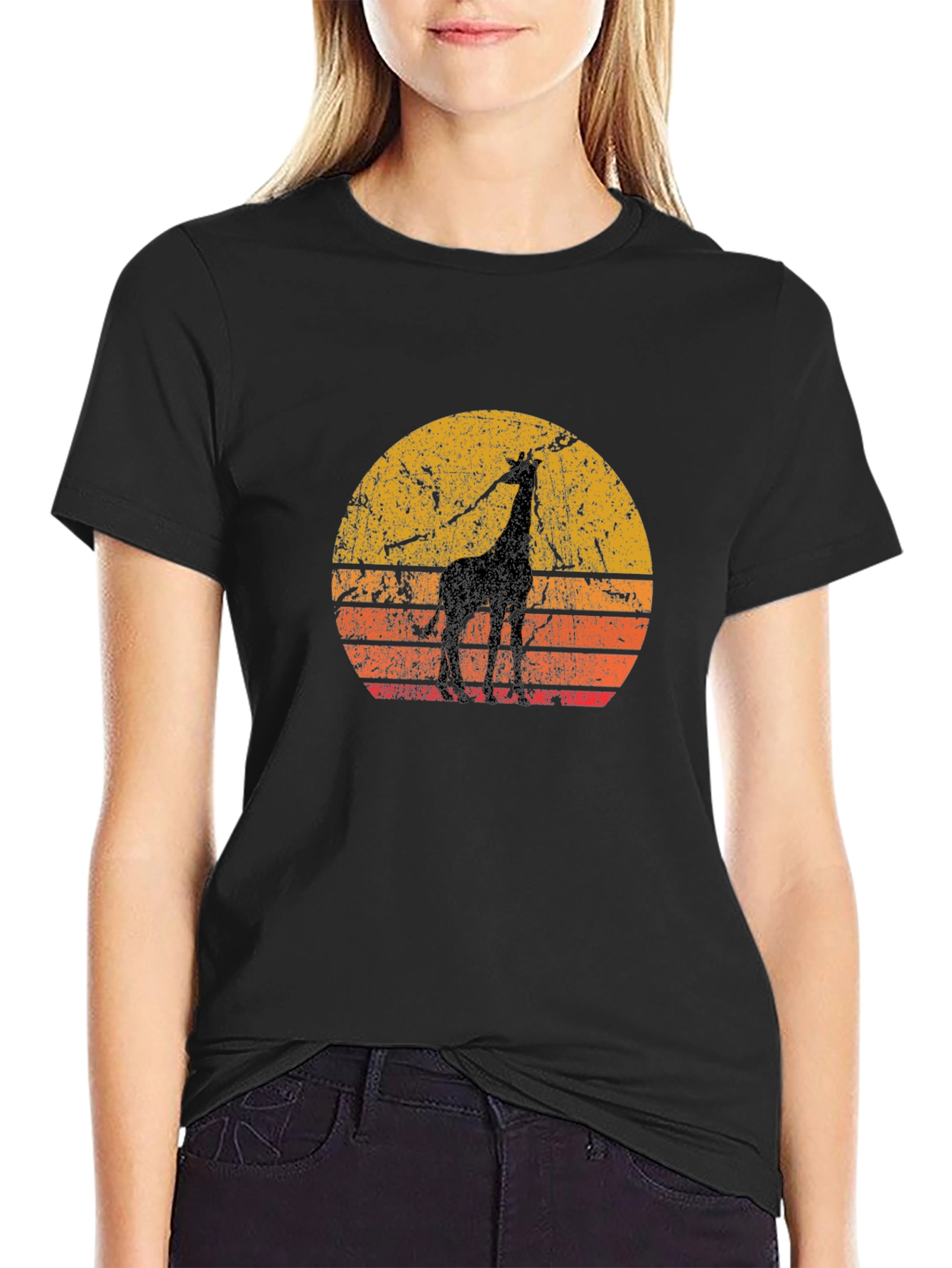 Retro Giraffe Sunset Black T-Shirt